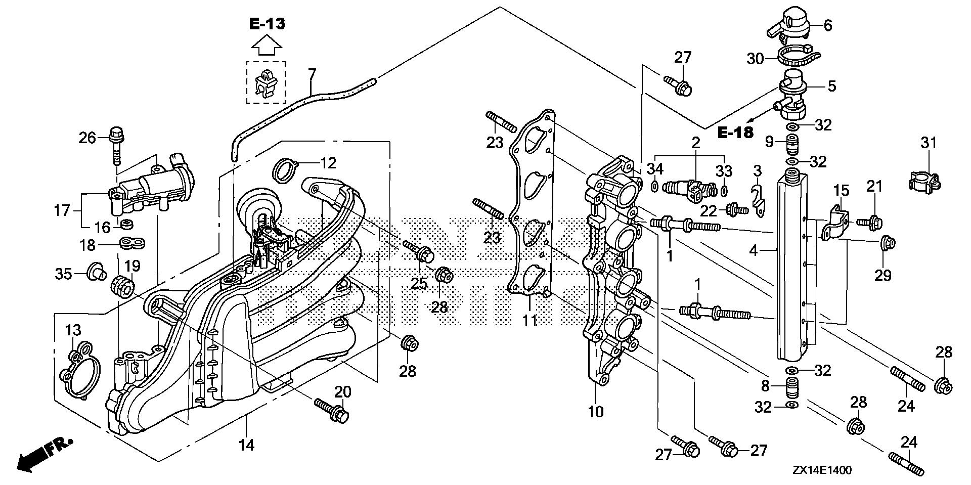 BF115 BF115D intake manifold - injector exploded parts diagram with numbered part references