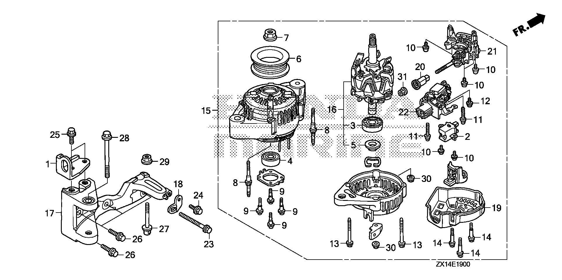 BF115 BF115D alternator exploded parts diagram with numbered part references
