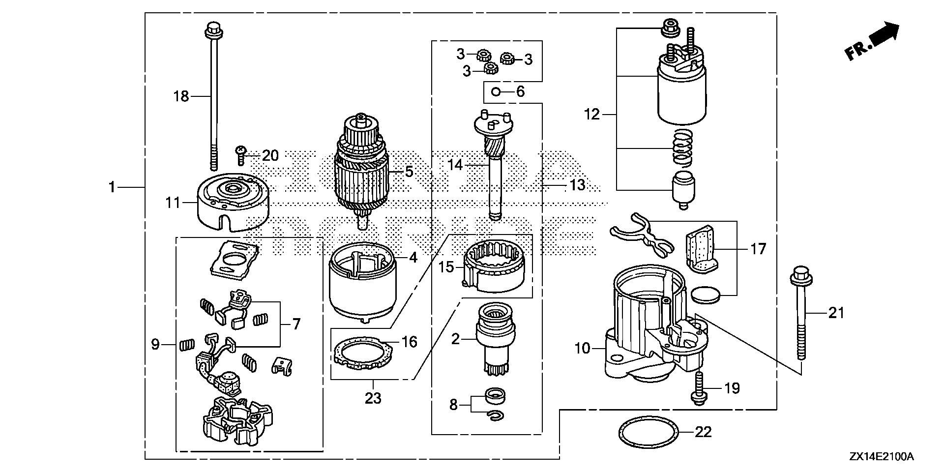 BF115 BF115D starter motor exploded parts diagram with numbered part references