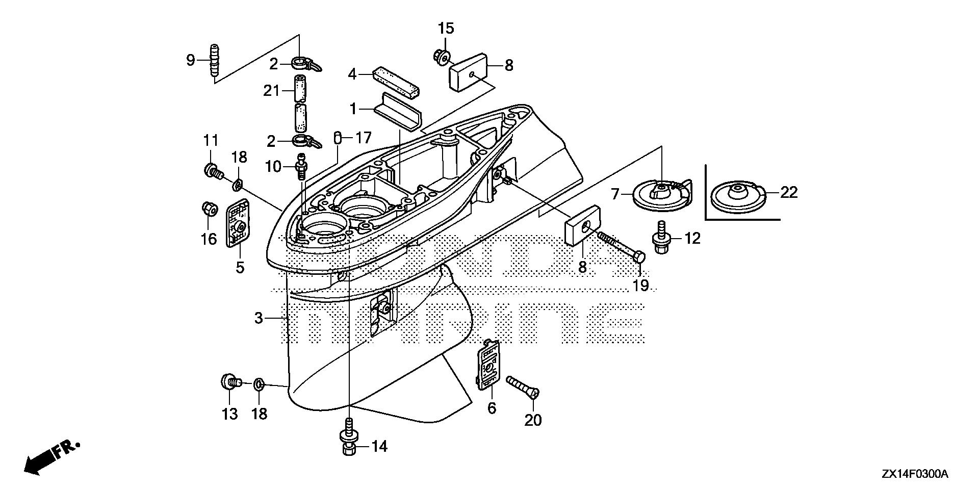BF115 BF115D gear case exploded parts diagram with numbered part references
