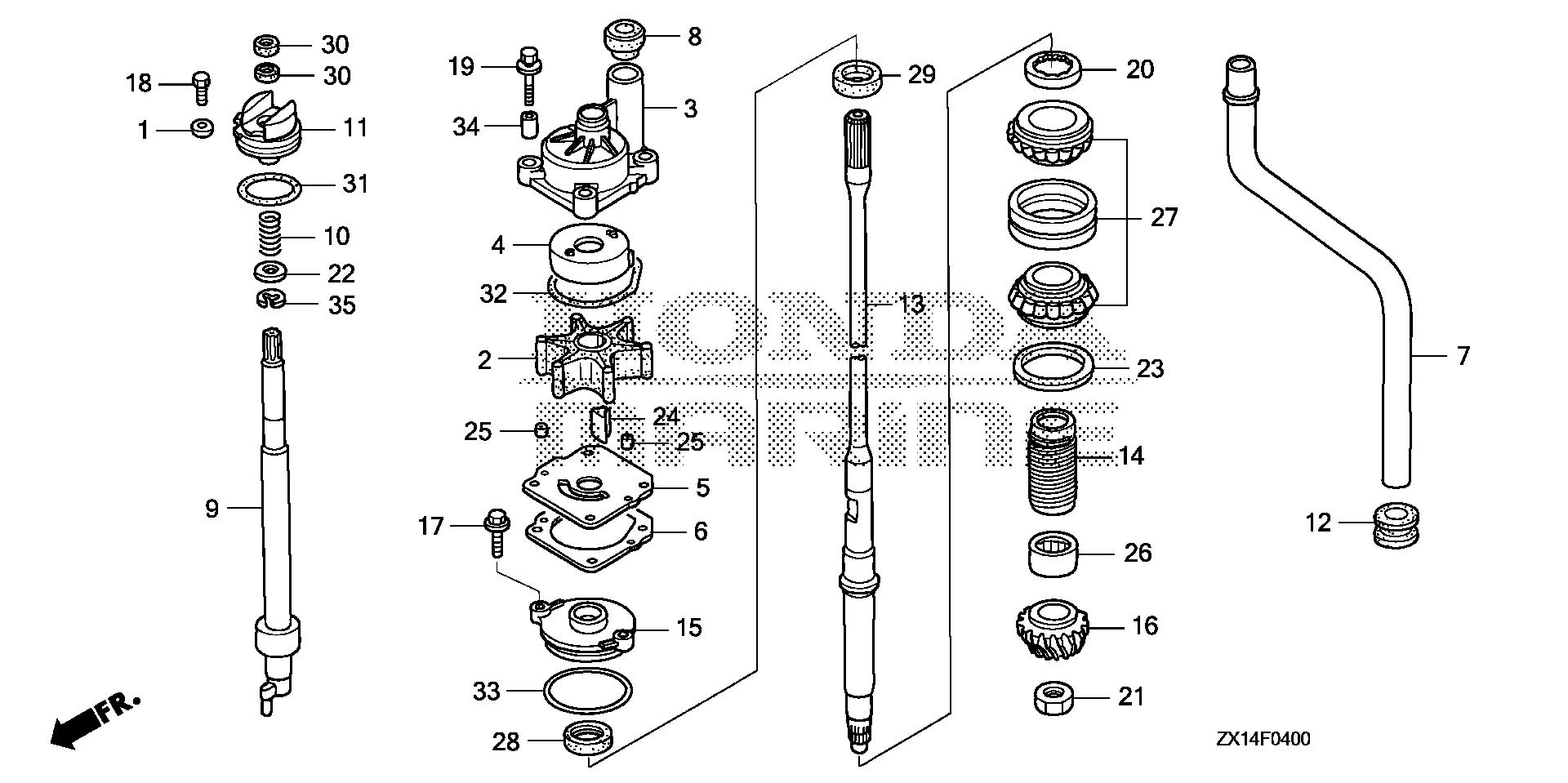 BF115 BF115D water pump - vertical shaft exploded parts diagram with numbered part references
