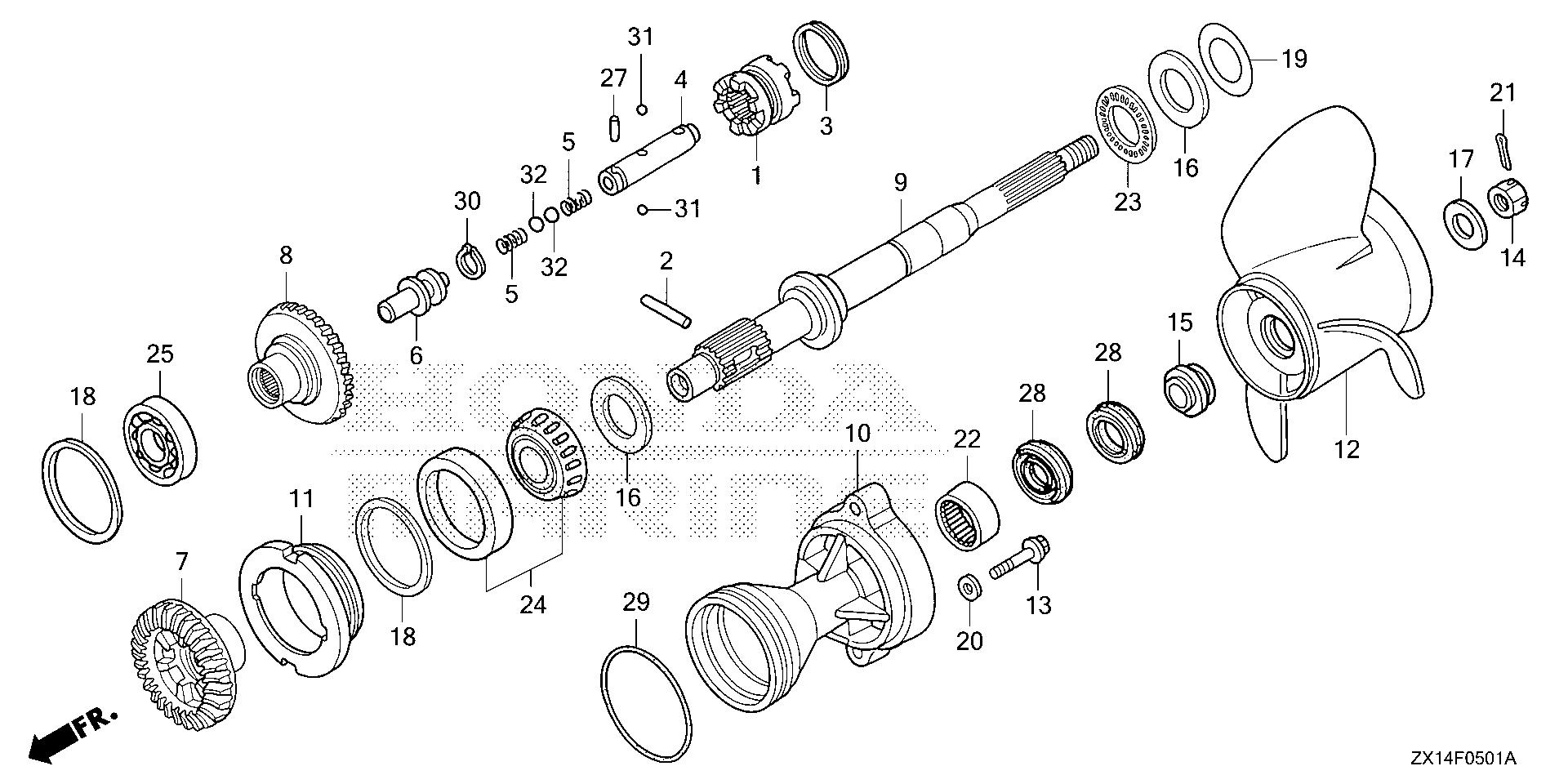 BF115 BF115D propeller shaft - propeller (xca) exploded parts diagram with numbered part references