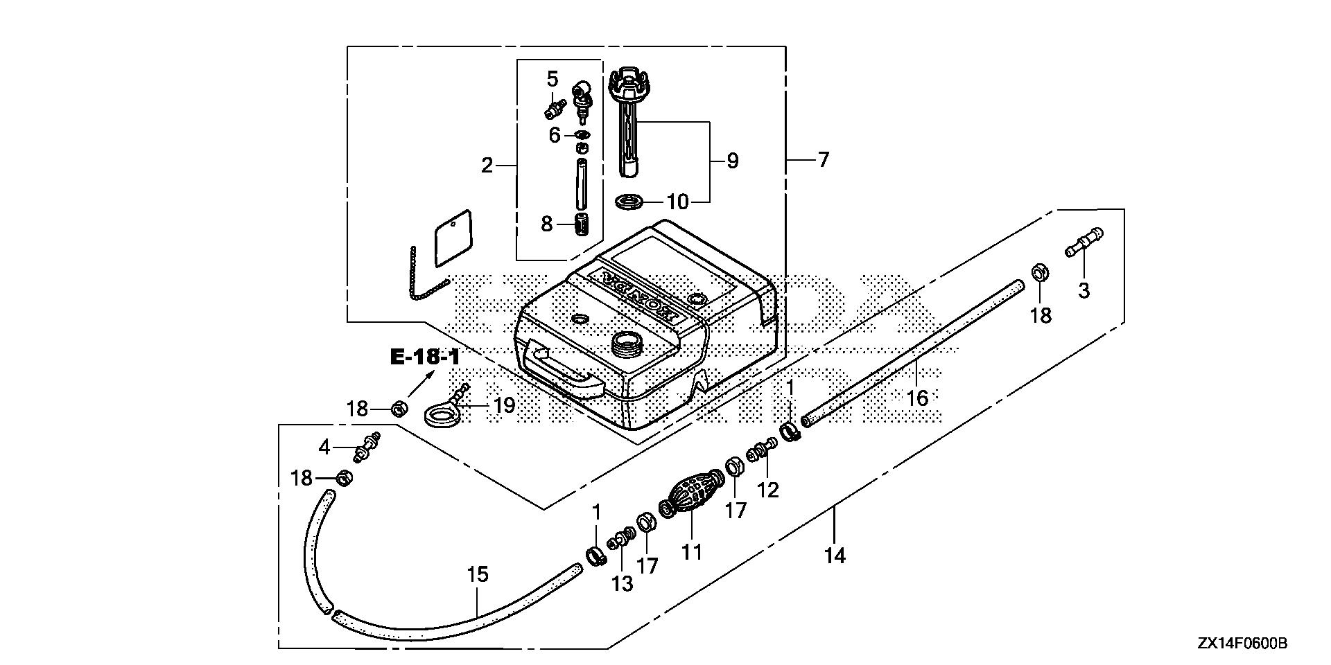 BF115 BF115D fuel tube - fuel tank exploded parts diagram with numbered part references