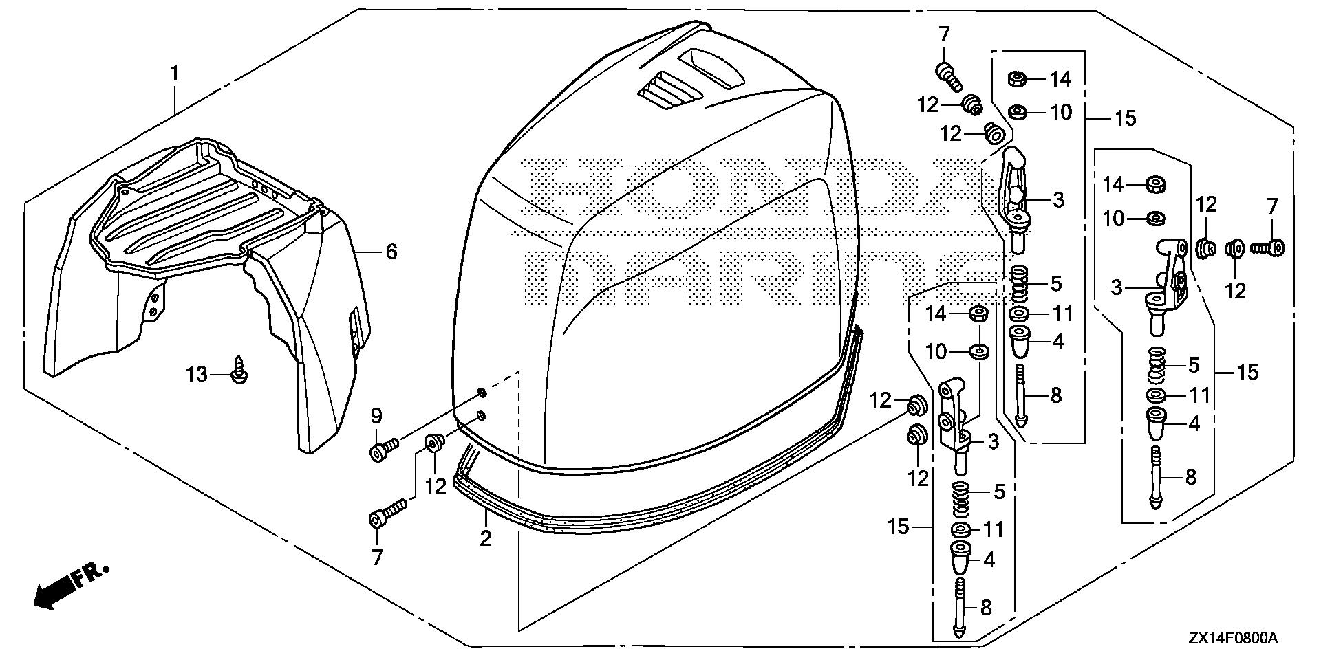 BF115 BF115D engine cover assy. exploded parts diagram with numbered part references