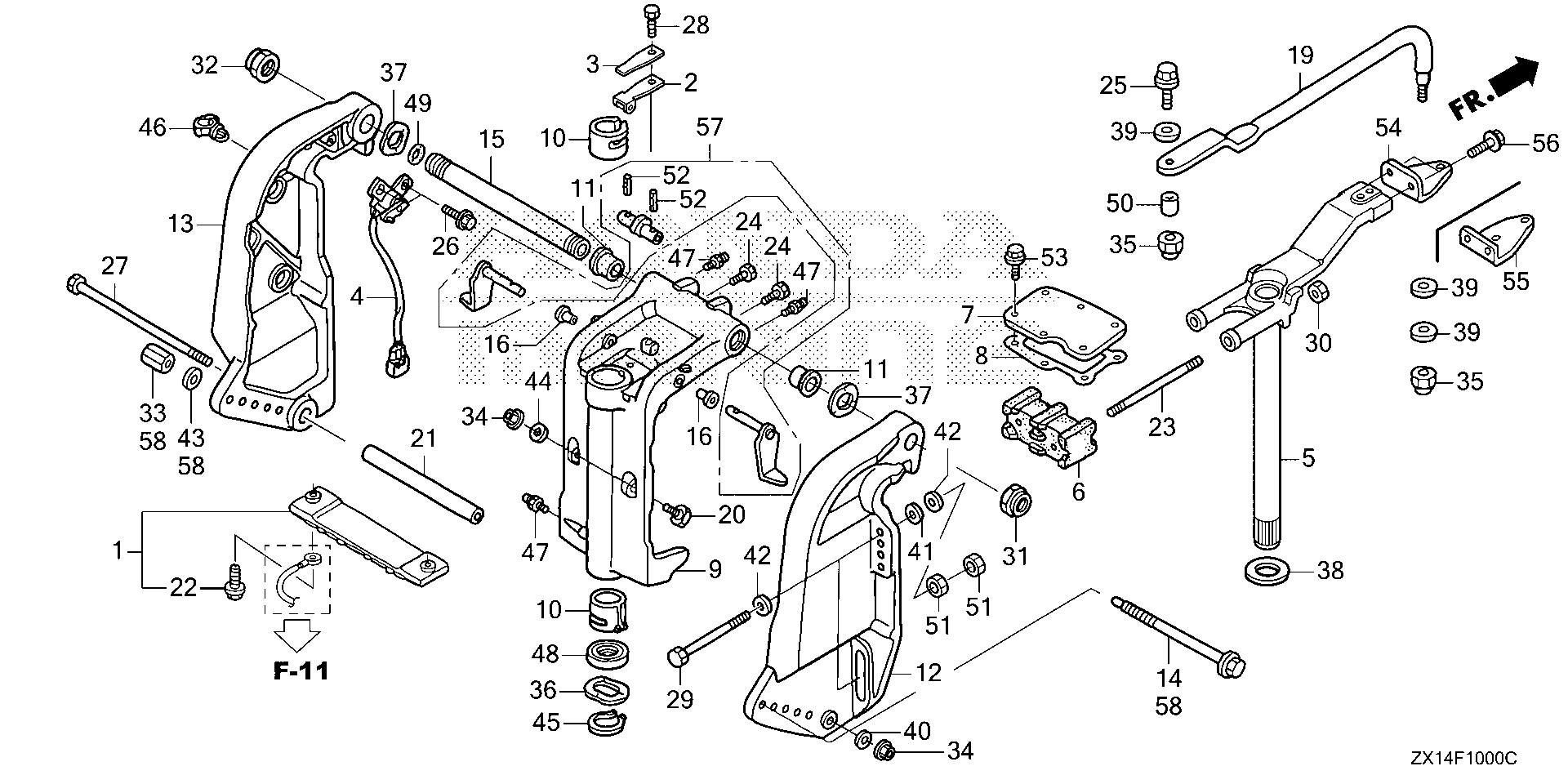BF115 BF115D stern bracket - swivel case exploded parts diagram with numbered part references