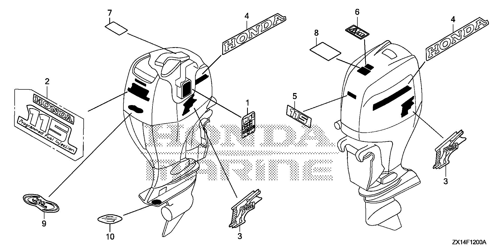 BF115 BF115D labels exploded parts diagram with numbered part references
