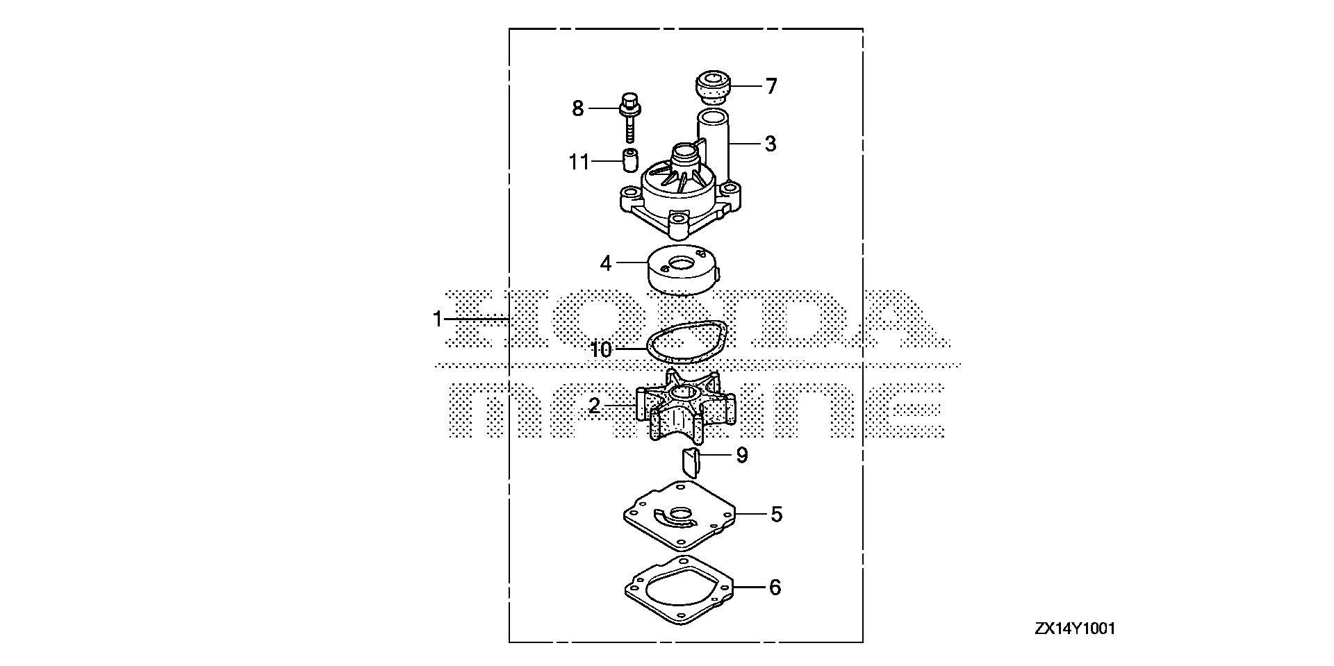 BF115 BF115D water pump impeller kit  (2) exploded parts diagram with numbered part references