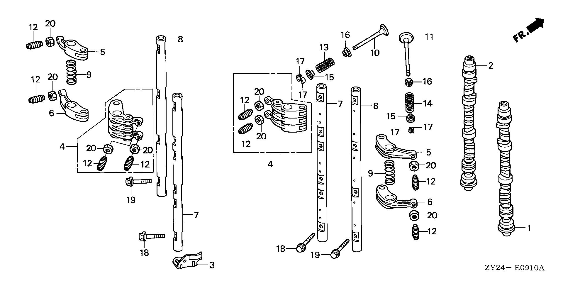 BF225 BF225A2 camshaft - rocker arm exploded parts diagram with numbered part references