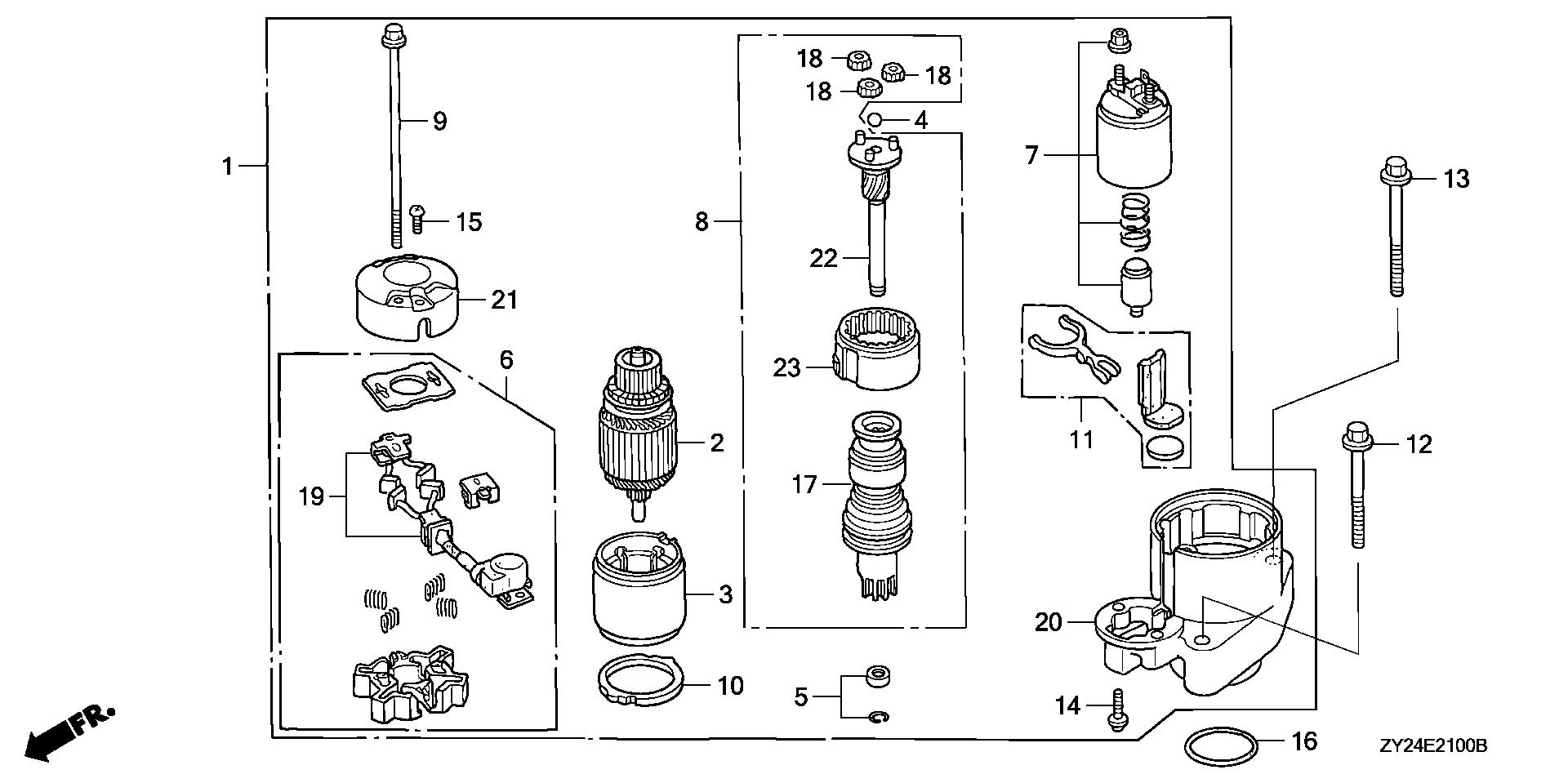 BF225 BF225A2 starter motor exploded parts diagram with numbered part references