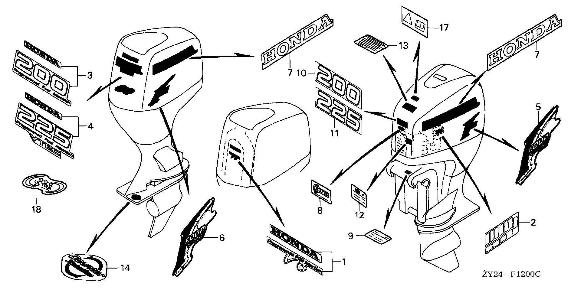 BF225 BF225A2 labels exploded parts diagram with numbered part references