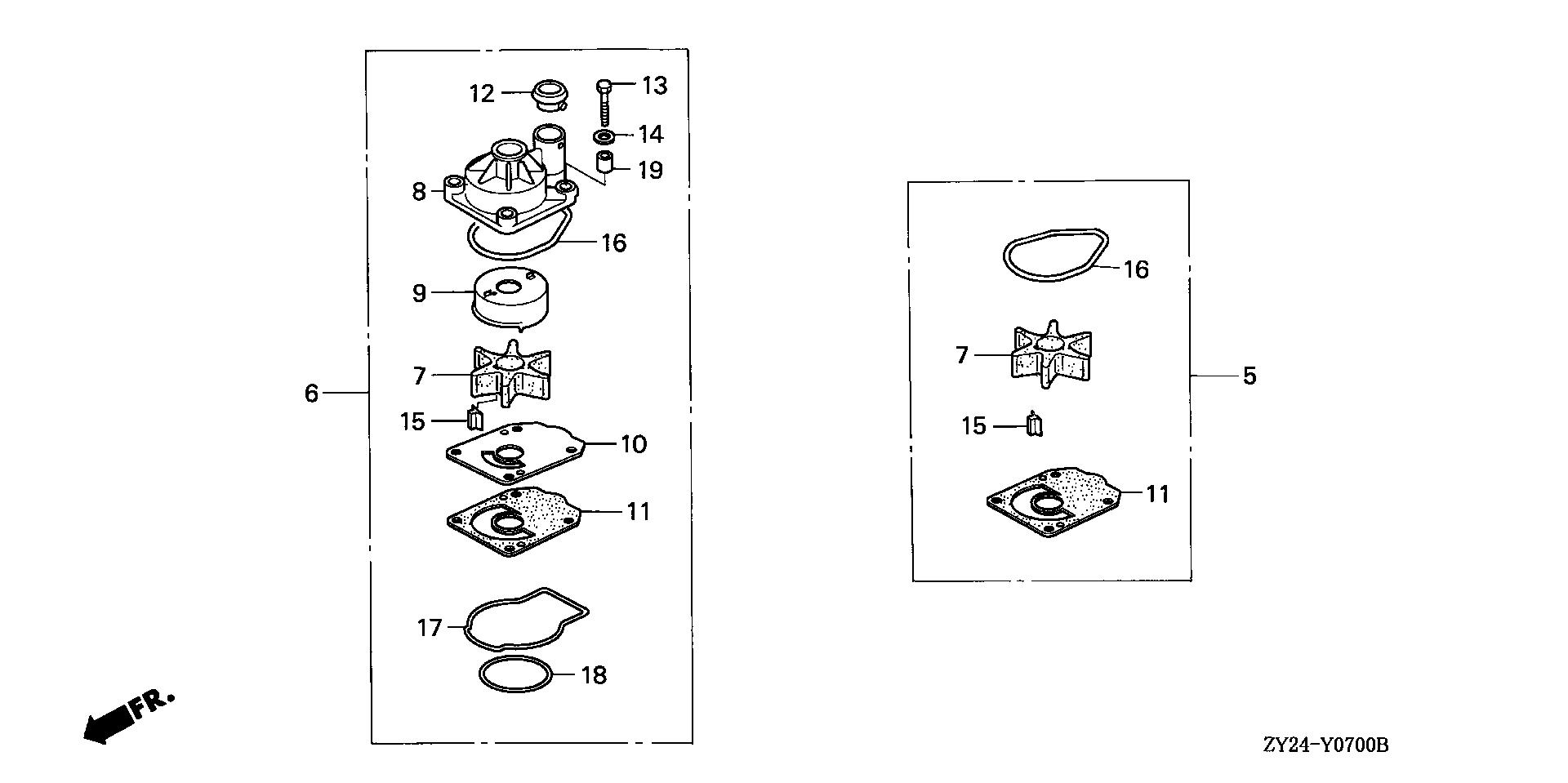 BF225 BF225A2 water pump impeller kit exploded parts diagram with numbered part references