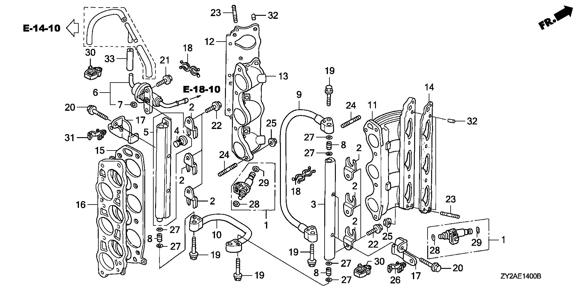 BF225 BF225A6 fuel pipe - injector exploded parts diagram with numbered part references