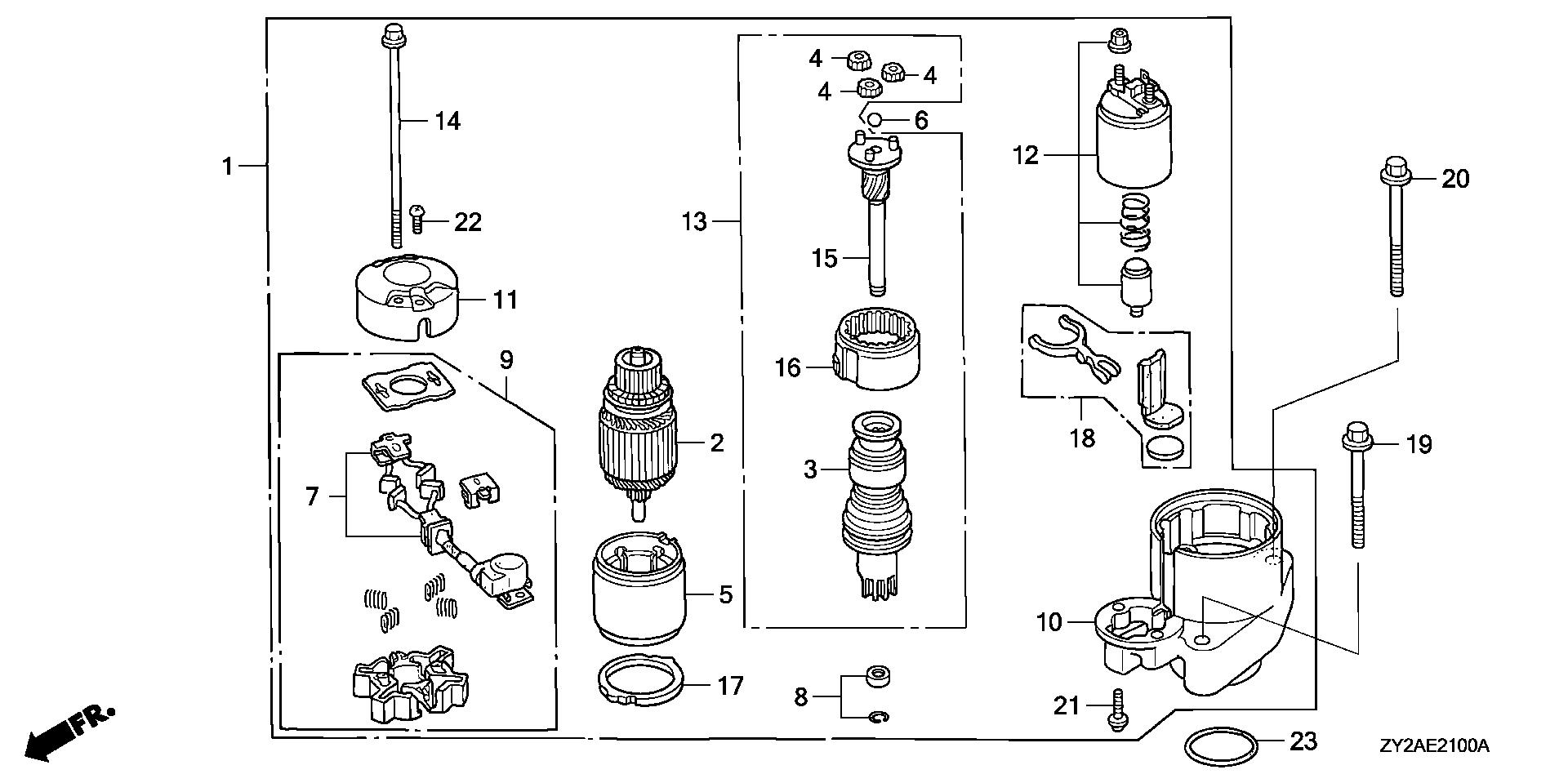 BF225 BF225A6 starter motor exploded parts diagram with numbered part references