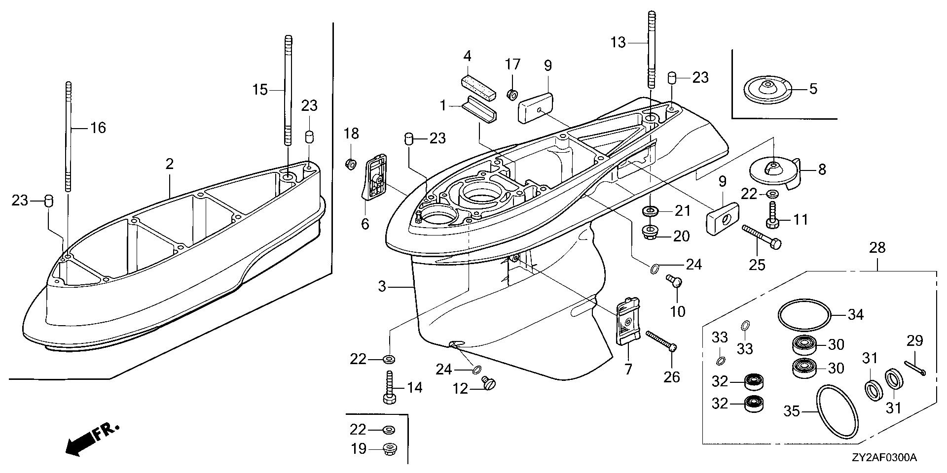 BF225 BF225A6 gear case exploded parts diagram with numbered part references