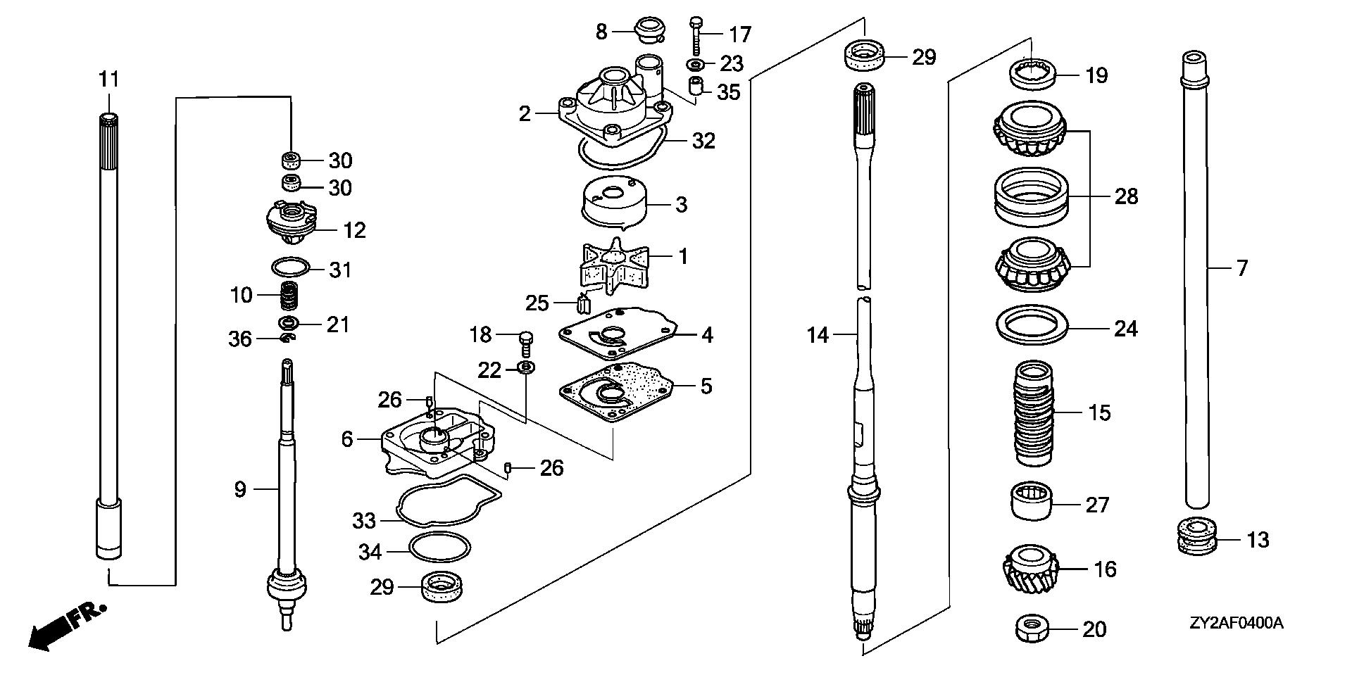 BF225 BF225A6 water pump - vertical shaft exploded parts diagram with numbered part references