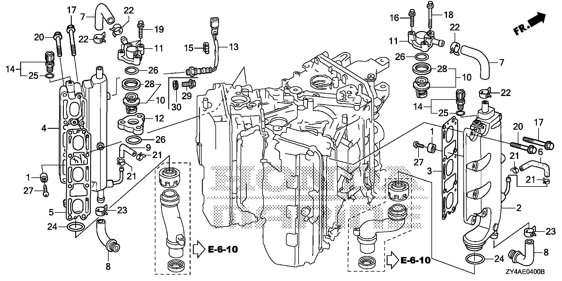 BF225 BF225AK3 exhaust manifold          - thermostat exploded parts diagram with numbered part references
