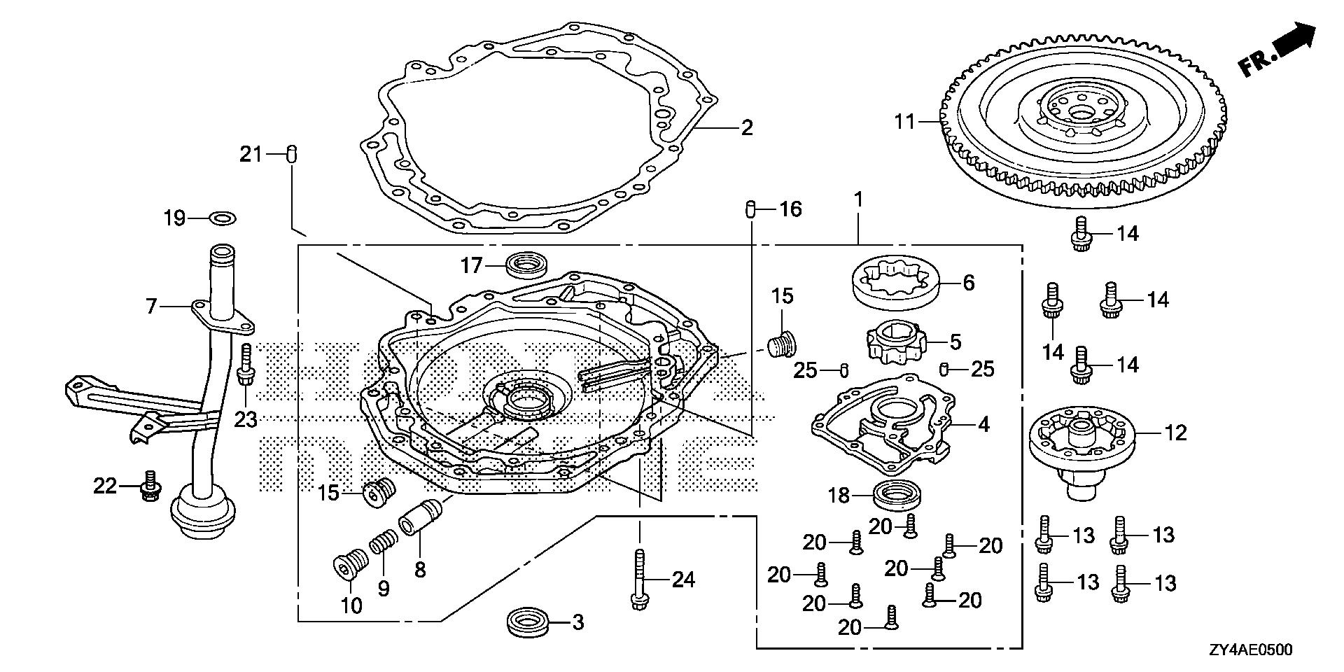 BF225 BF225AK3 oil pump - flywheel exploded parts diagram with numbered part references