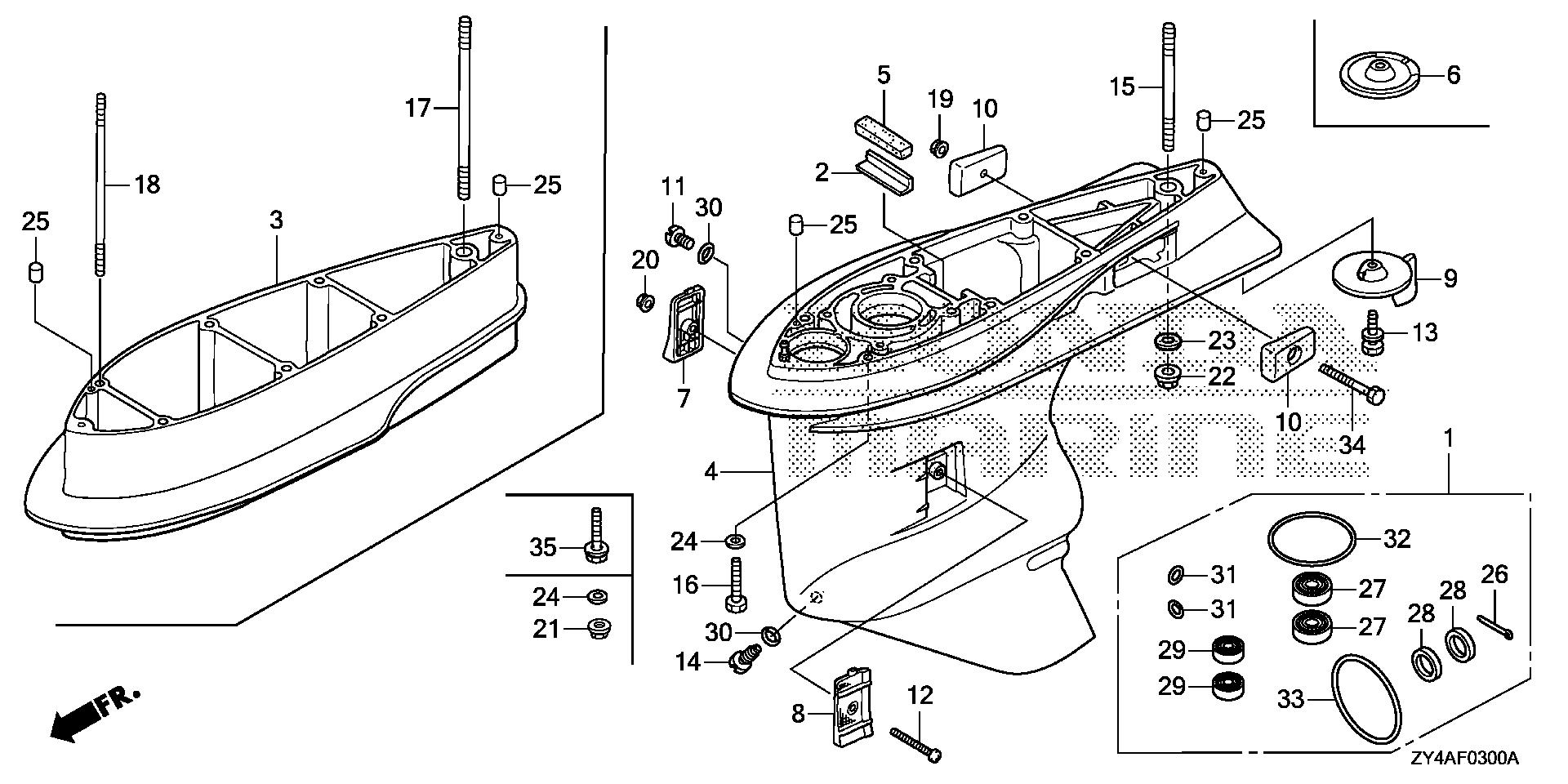 BF225 BF225AK3 gear case exploded parts diagram with numbered part references