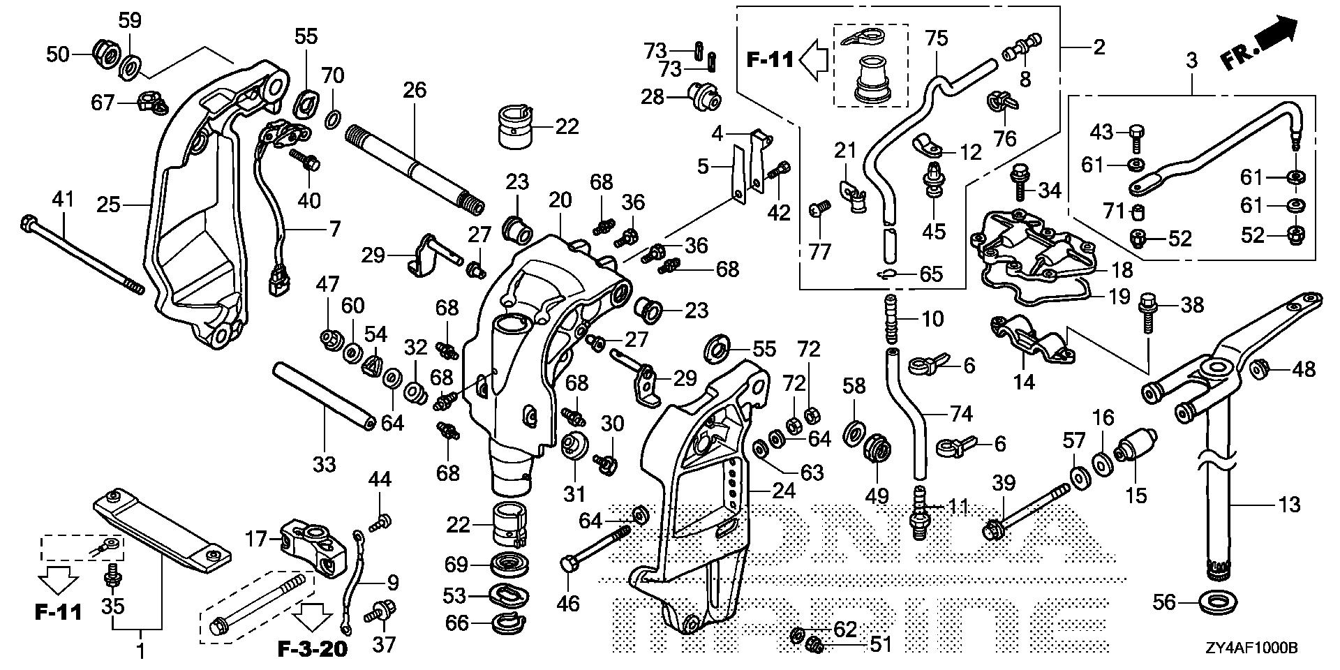 BF225 BF225AK3 stern bracket - swivel case exploded parts diagram with numbered part references