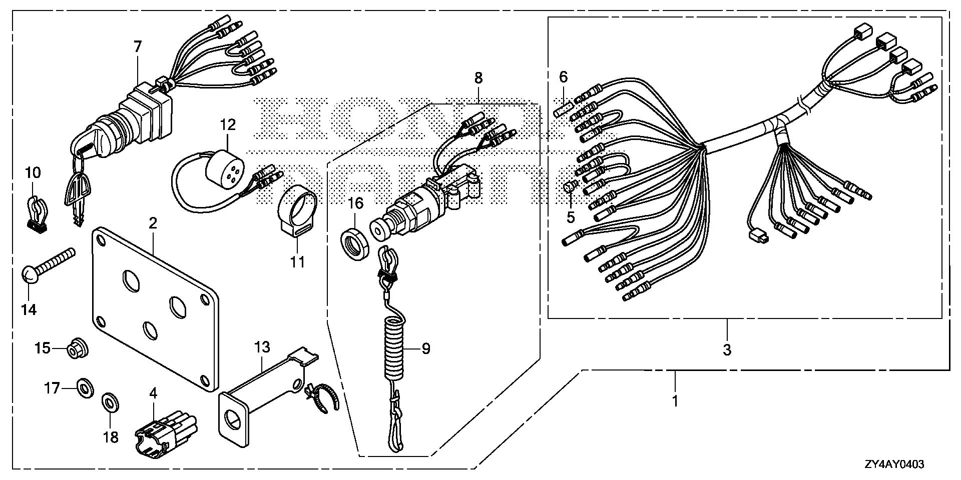 BF225 BF225AK3 switch panel kit (4) exploded parts diagram with numbered part references