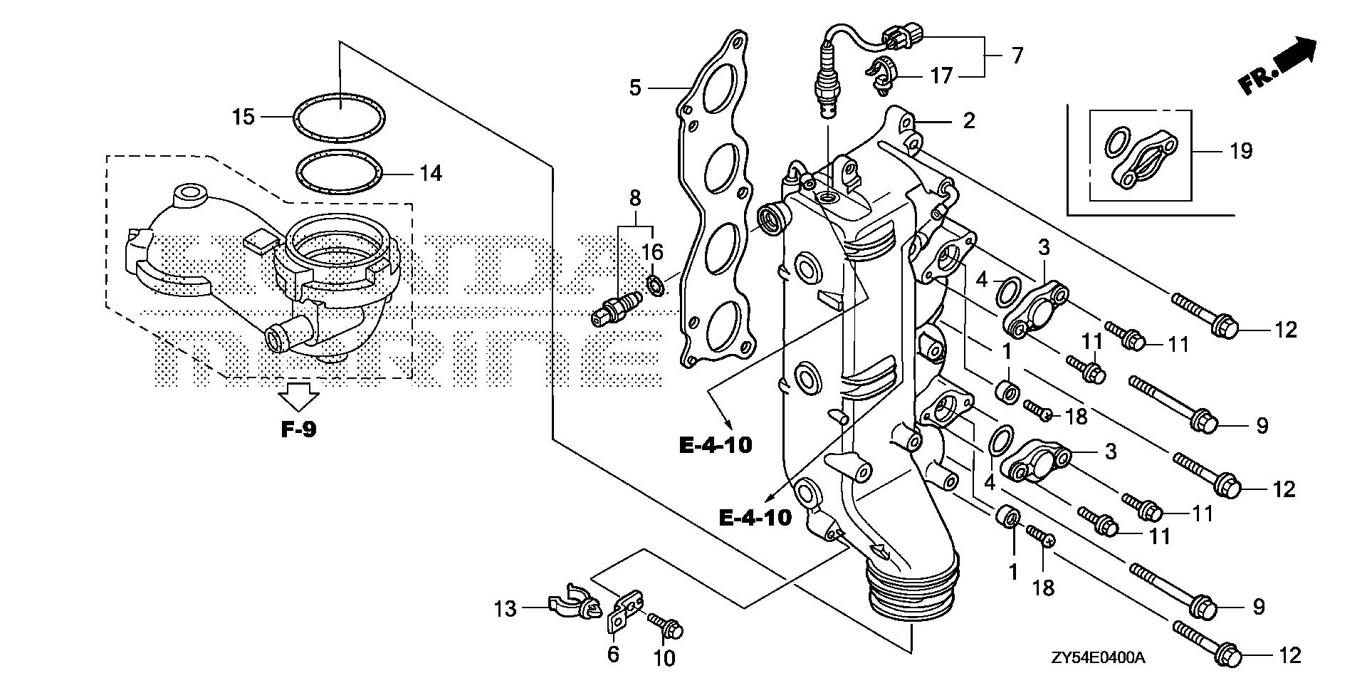 BF150 BF150A4 exhaust pipe exploded parts diagram with numbered part references