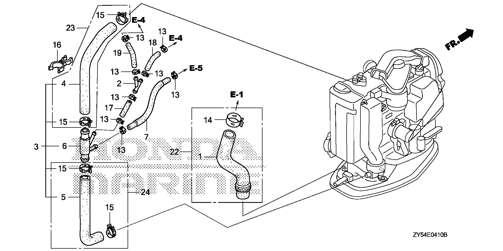 BF150 BF150A4 water hose - thermostat exploded parts diagram with numbered part references