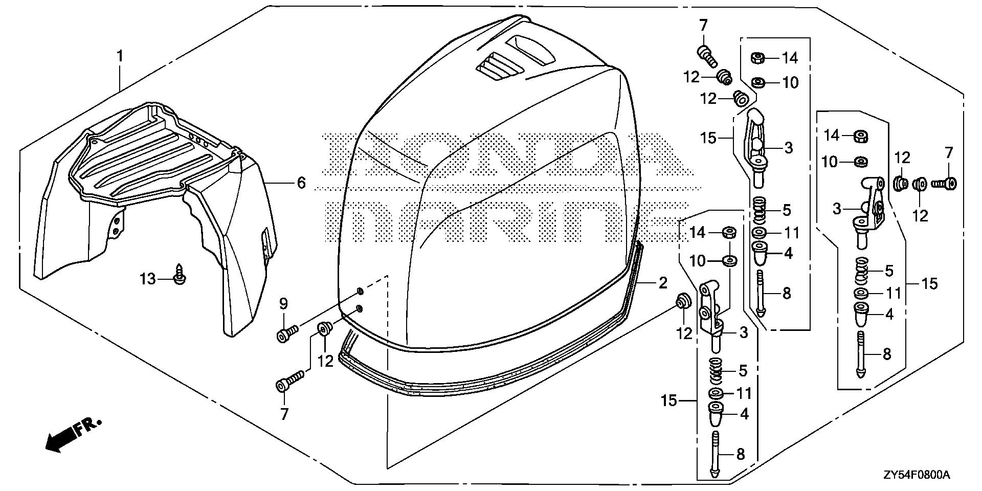 BF150 BF150A4 engine cover assy. exploded parts diagram with numbered part references