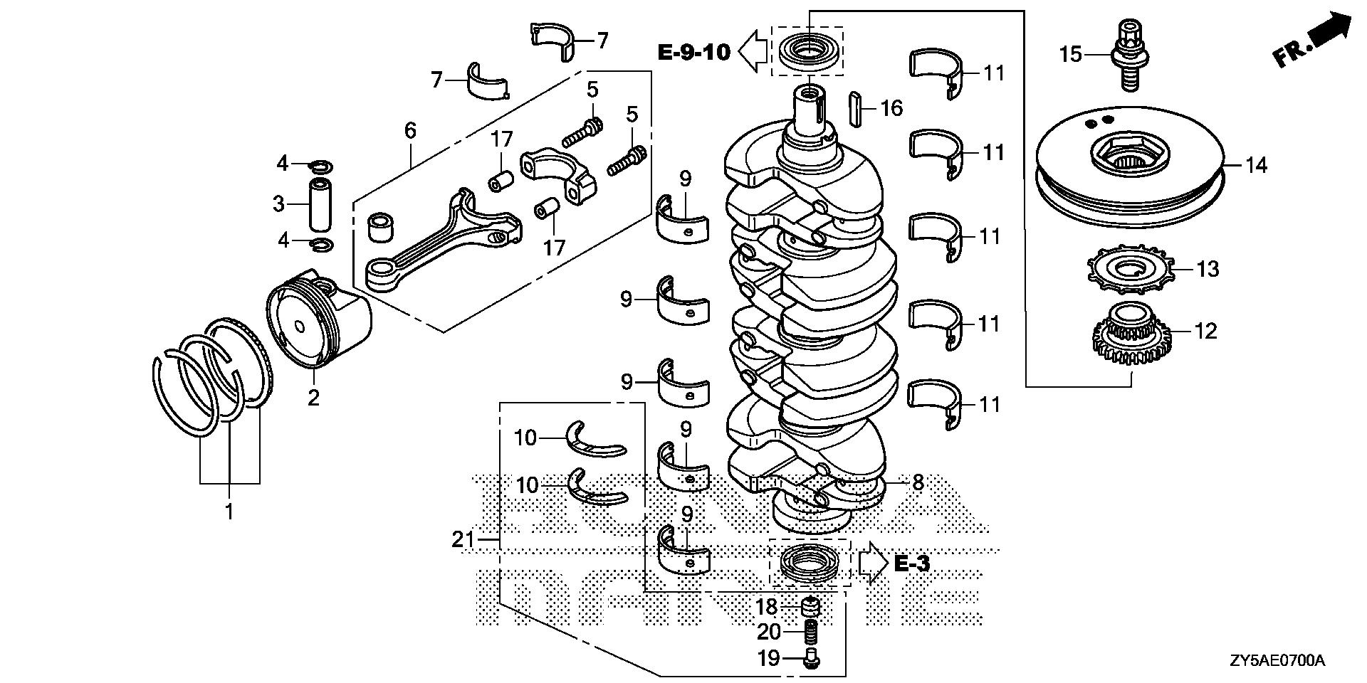 BF135 BF135AK2 crankshaft - piston exploded parts diagram with numbered part references