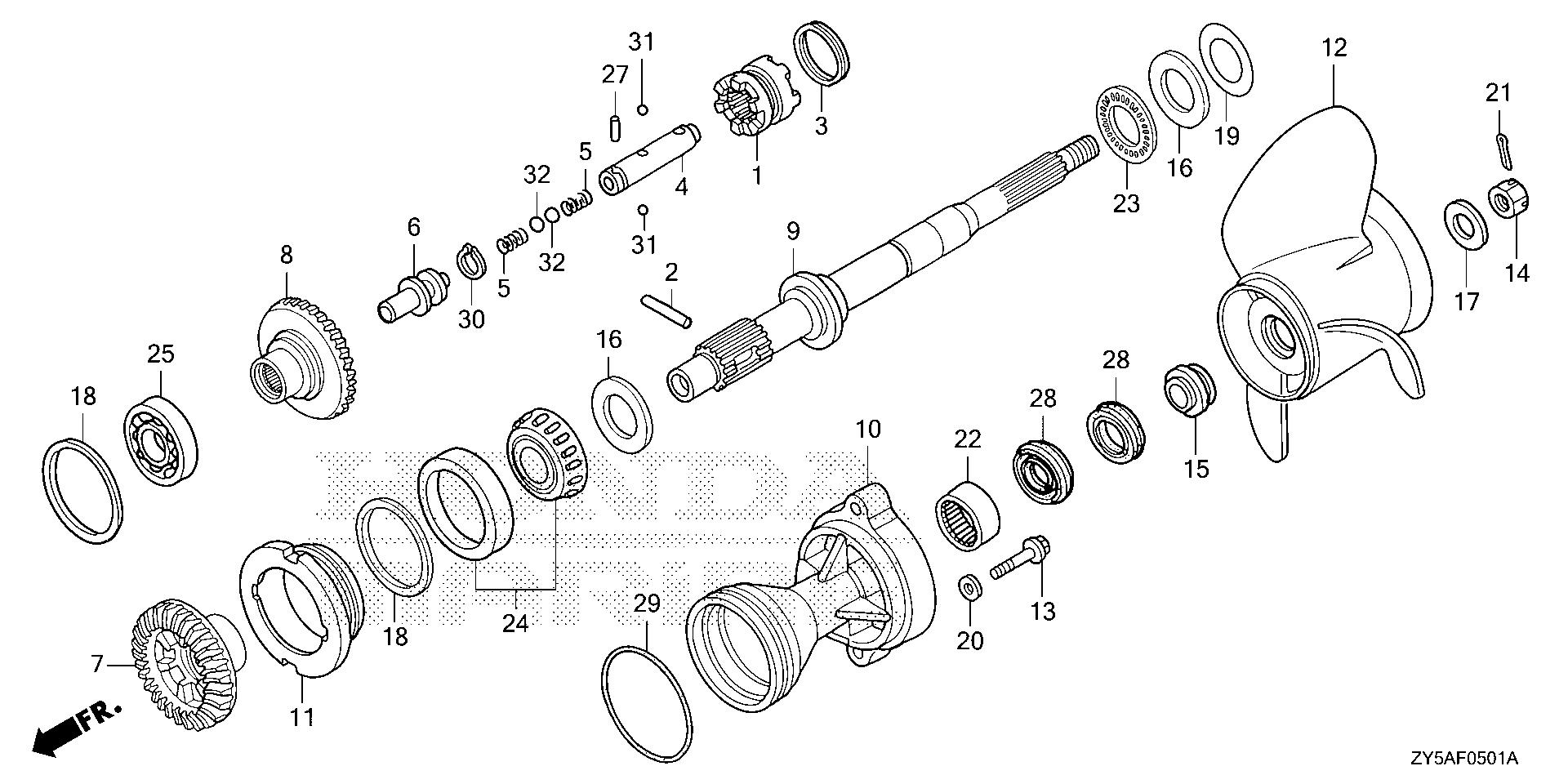BF135 BF135AK2 propeller shaft - propeller (counter rotation) exploded parts diagram with numbered part references