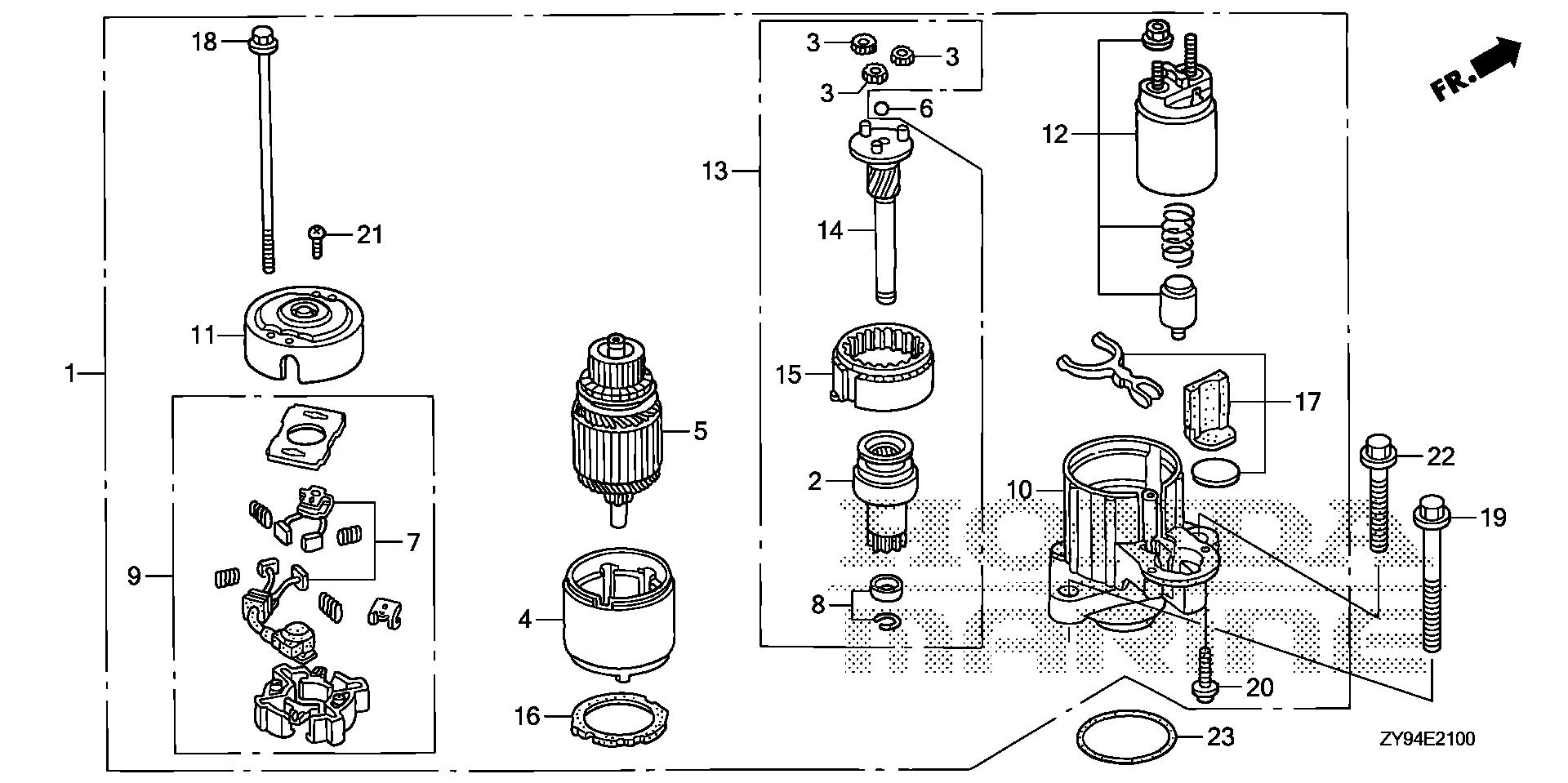 BF75 BF75DK0 starter motor exploded parts diagram with numbered part references