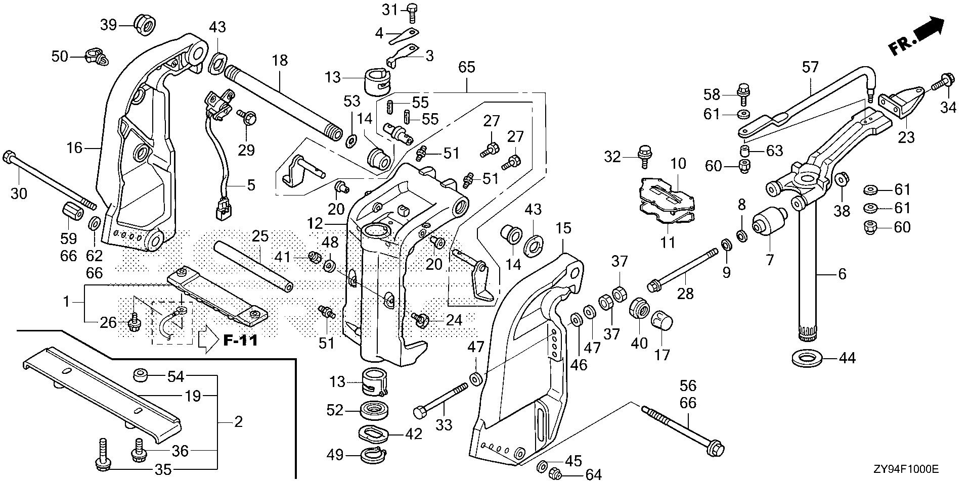 BF75 BF75DK0 stern bracket - swivel case exploded parts diagram with numbered part references