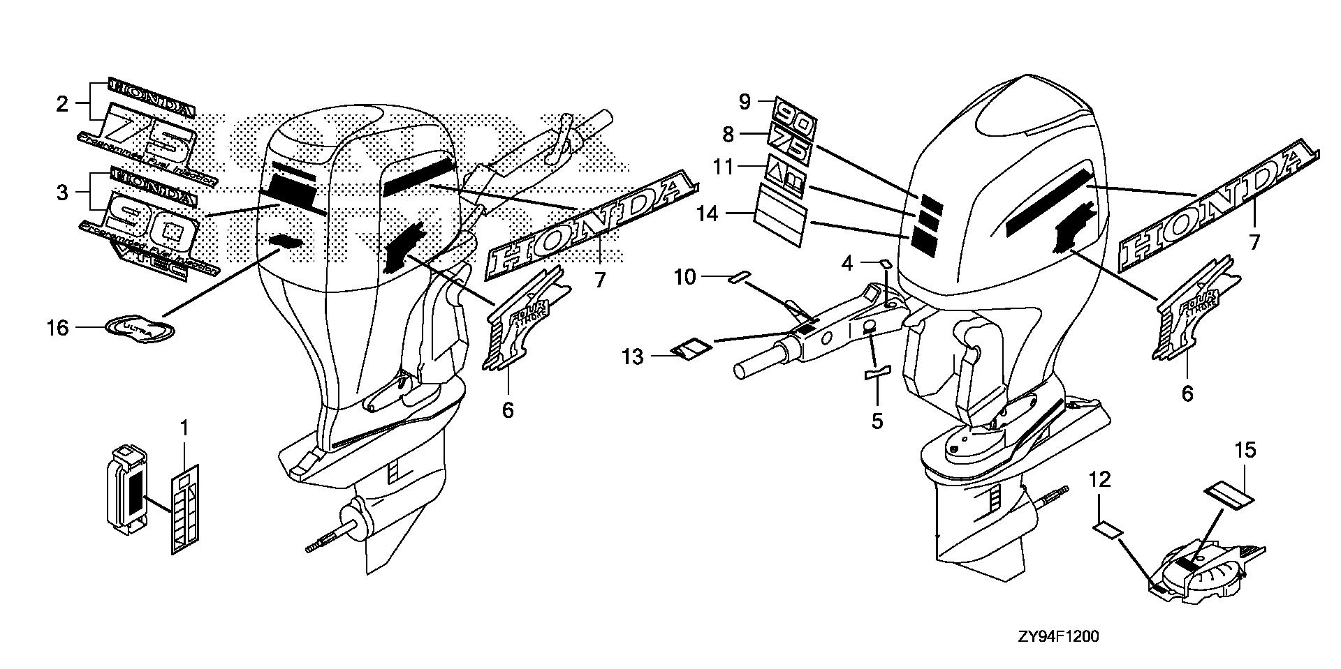 BF75 BF75DK0 labels exploded parts diagram with numbered part references