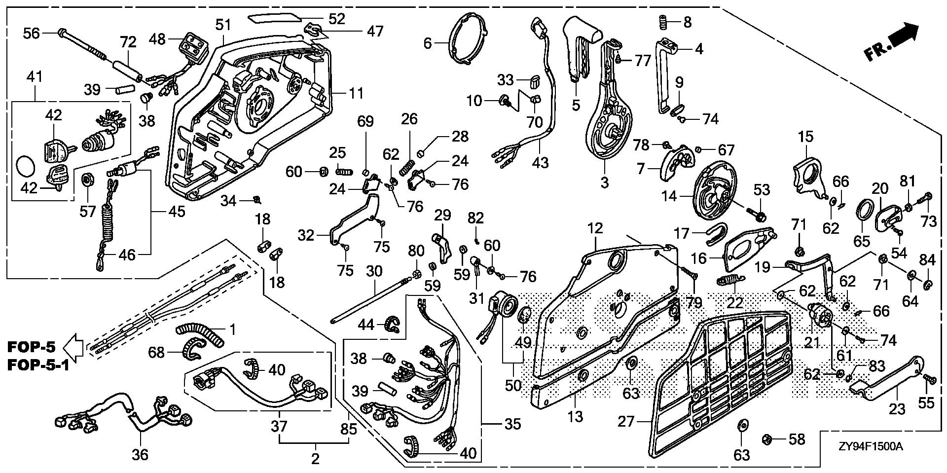 BF75 BF75DK0 remote control (hi-lex)  (handle cap = gray) exploded parts diagram with numbered part references