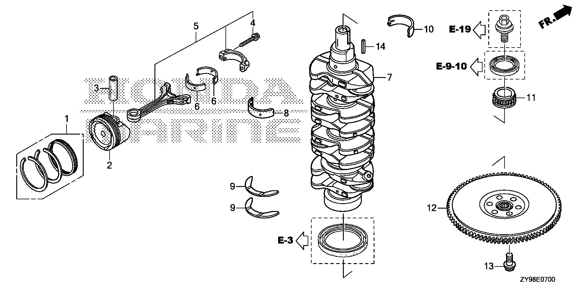 BF75 BF75DK4 crankshaft - piston exploded parts diagram with numbered part references