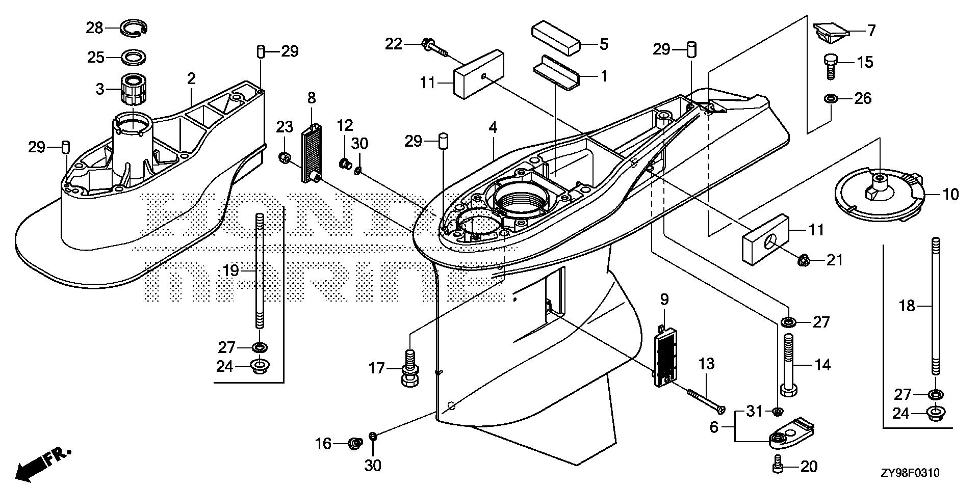 BF75 BF75DK4 gear case exploded parts diagram with numbered part references