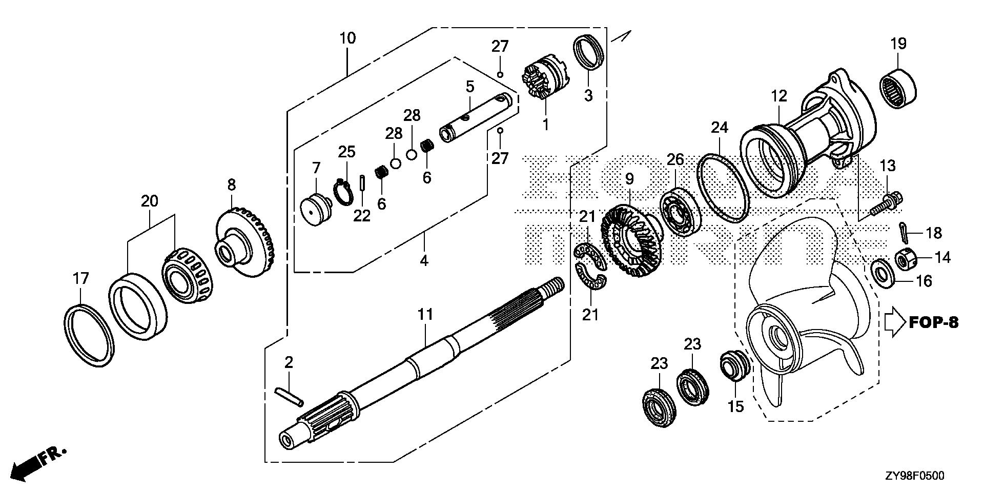 BF75 BF75DK4 propeller shaft exploded parts diagram with numbered part references