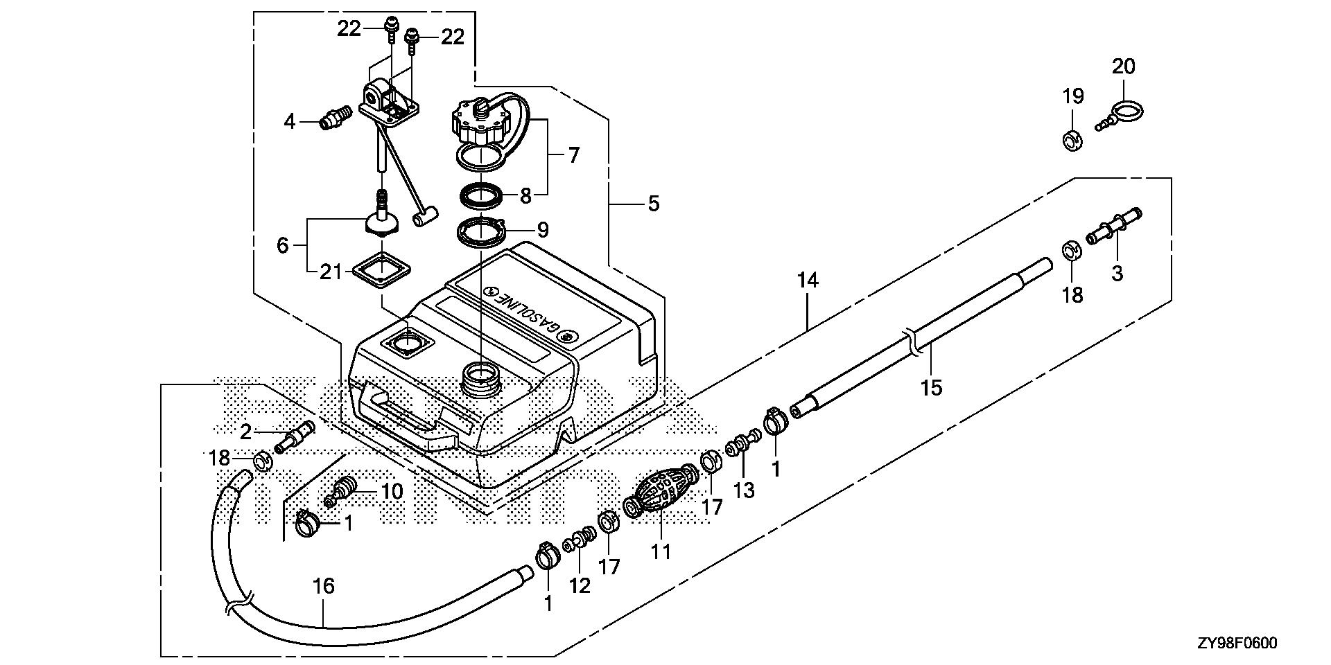 BF75 BF75DK4 fuel tank exploded parts diagram with numbered part references