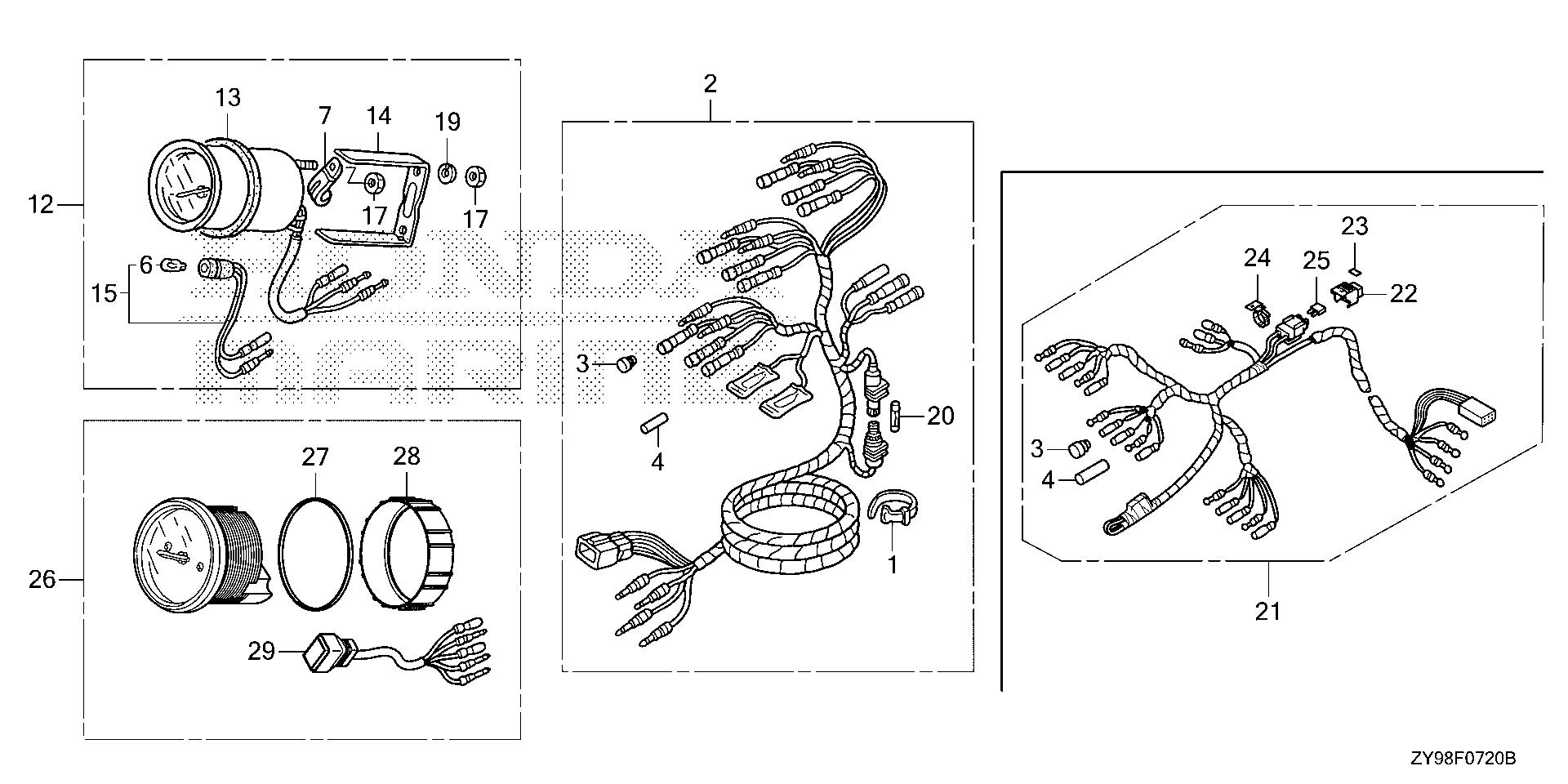BF75 BF75DK4 trim meter - tachometer exploded parts diagram with numbered part references