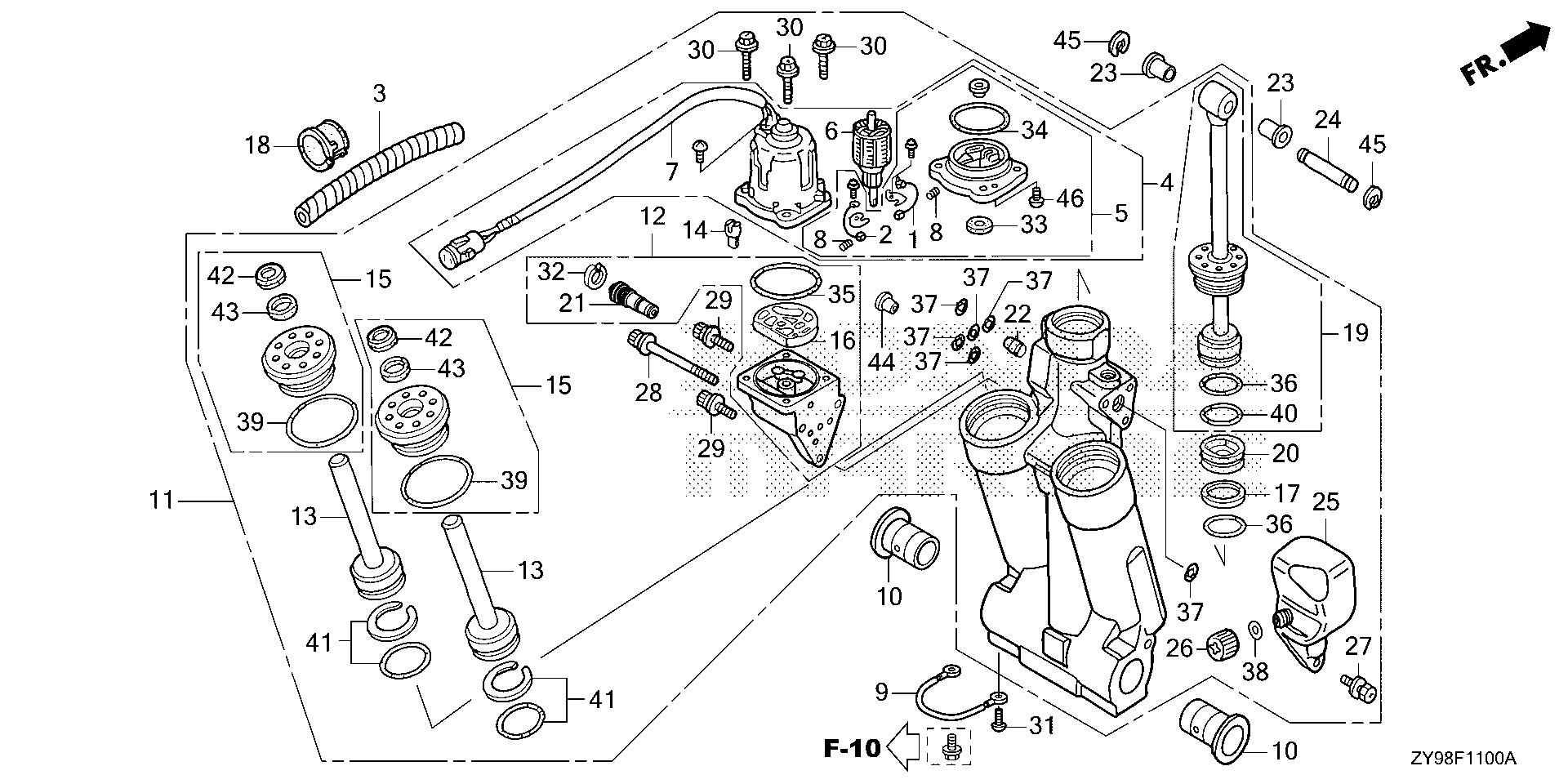 BF75 BF75DK4 power trim-tilt exploded parts diagram with numbered part references