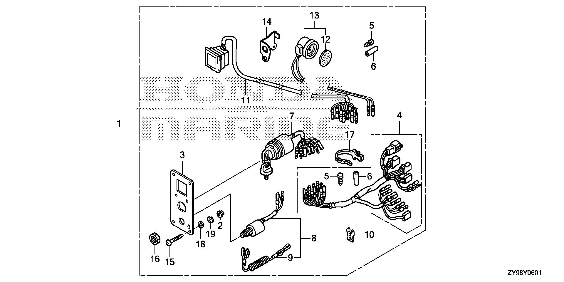 BF75 BF75DK4 switch panel kit (2) exploded parts diagram with numbered part references