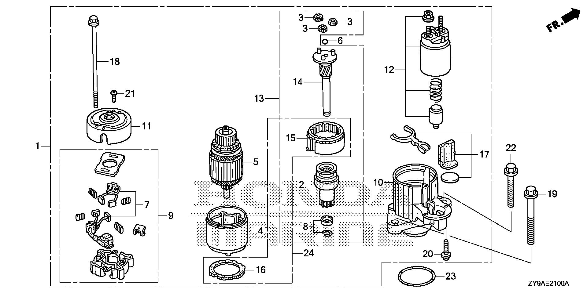 BF100 BF100A starter motor exploded parts diagram with numbered part references