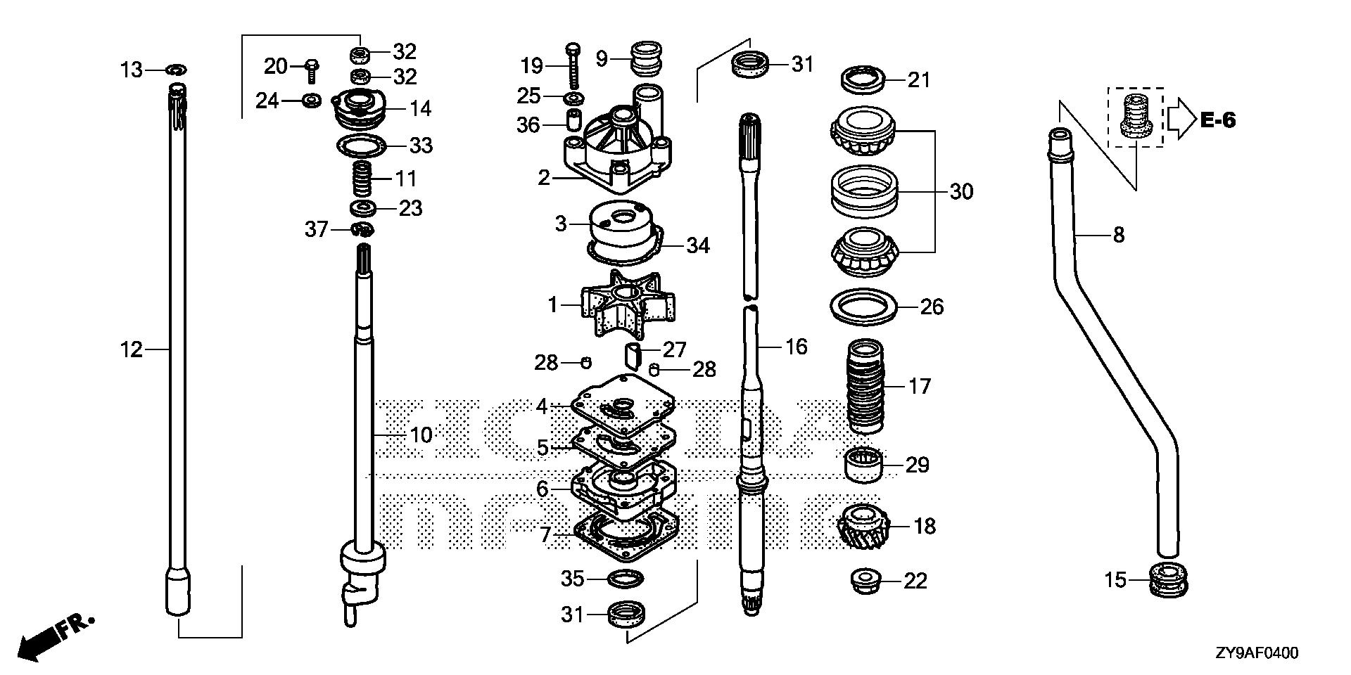 BF100 BF100A water pump - vertical shaft exploded parts diagram with numbered part references