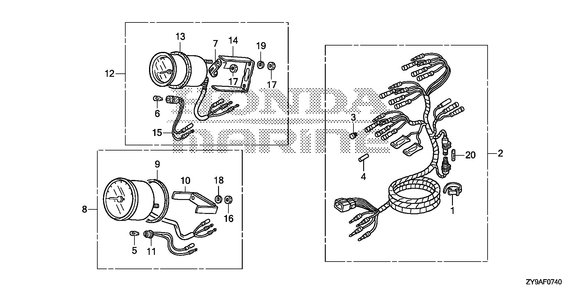 BF100 BF100A trim meter - tachometer exploded parts diagram with numbered part references