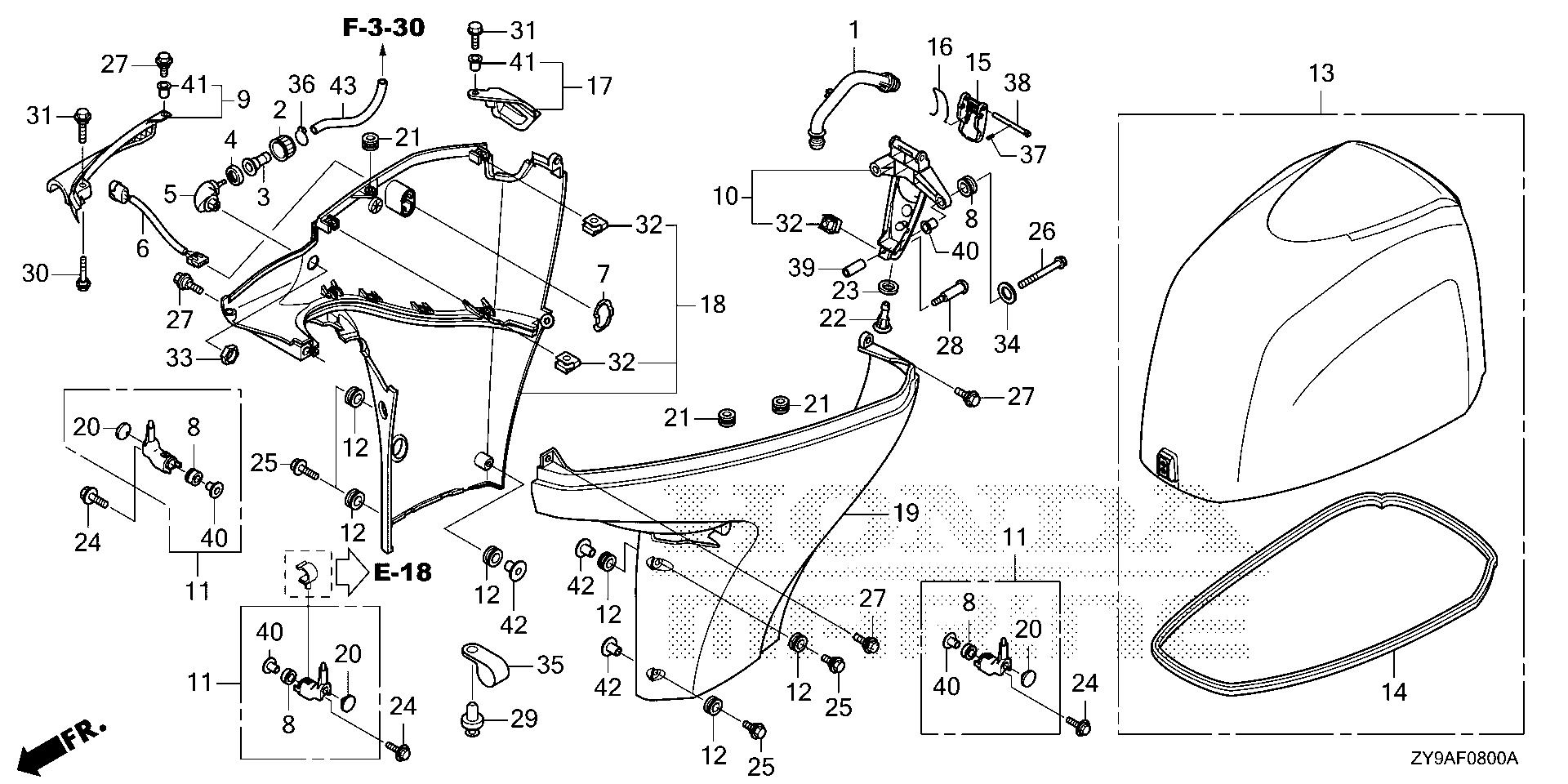 BF100 BF100A engine cover - under cover exploded parts diagram with numbered part references
