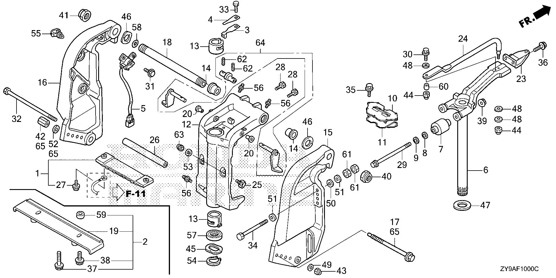 BF100 BF100A stern bracket - swivel case exploded parts diagram with numbered part references