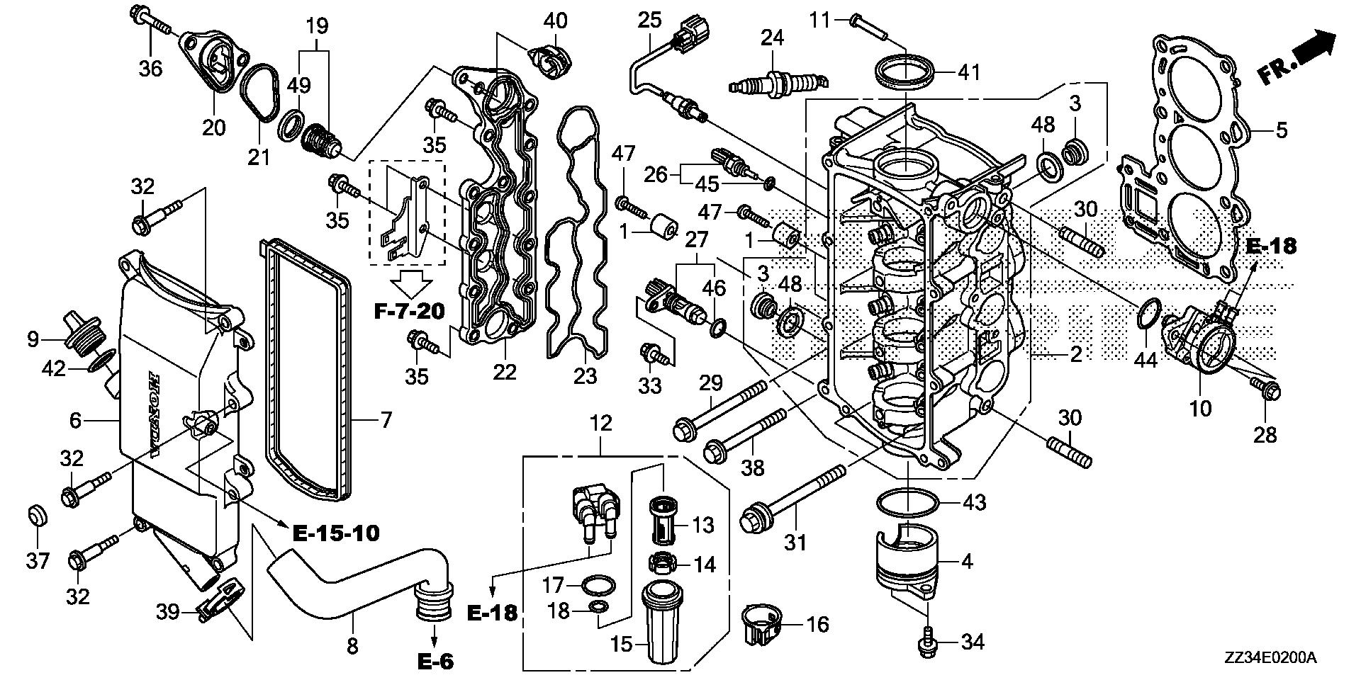 BF60 BF60A cylinder head exploded parts diagram with numbered part references
