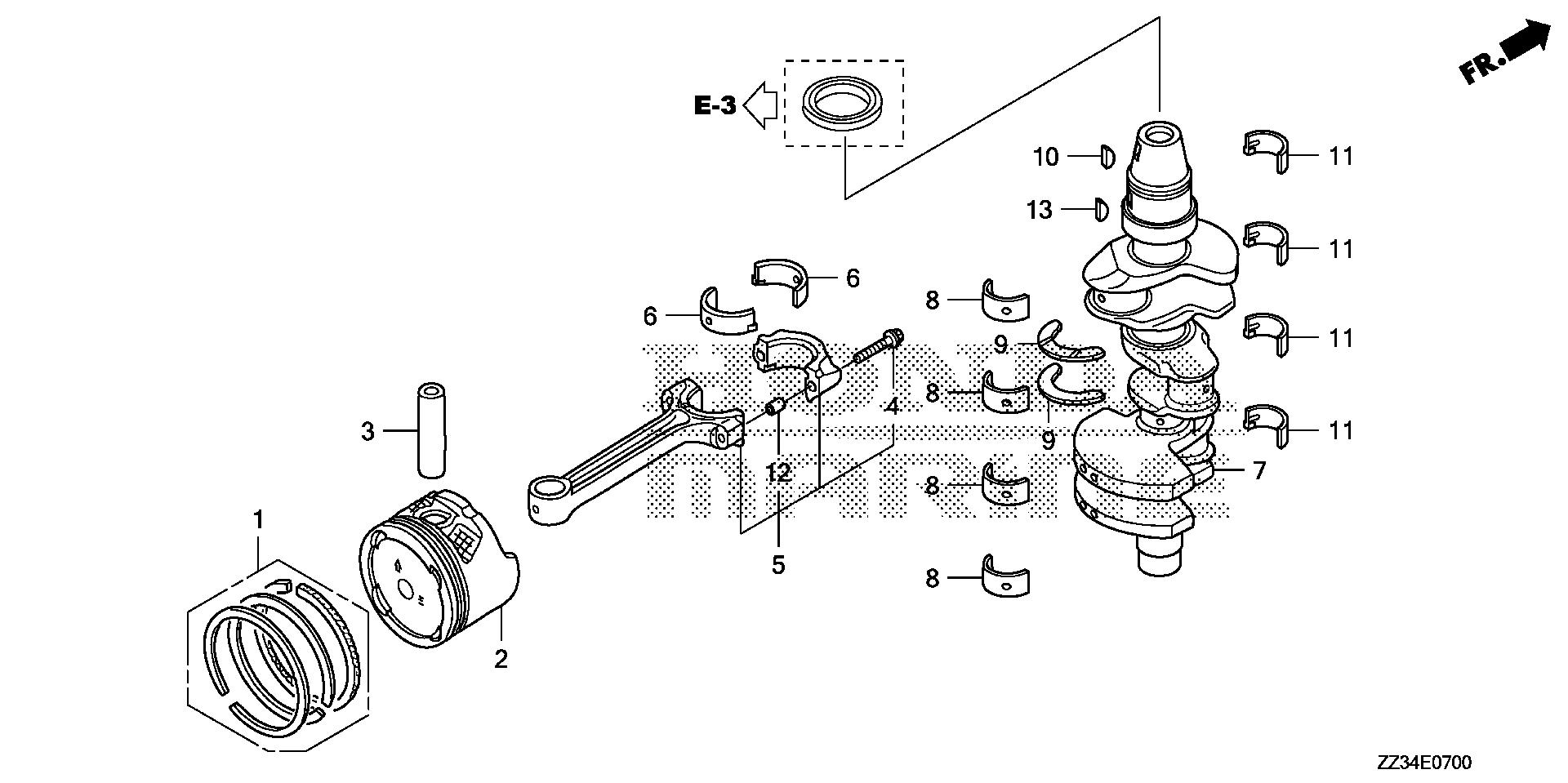 BF60 BF60A crankshaft - piston exploded parts diagram with numbered part references