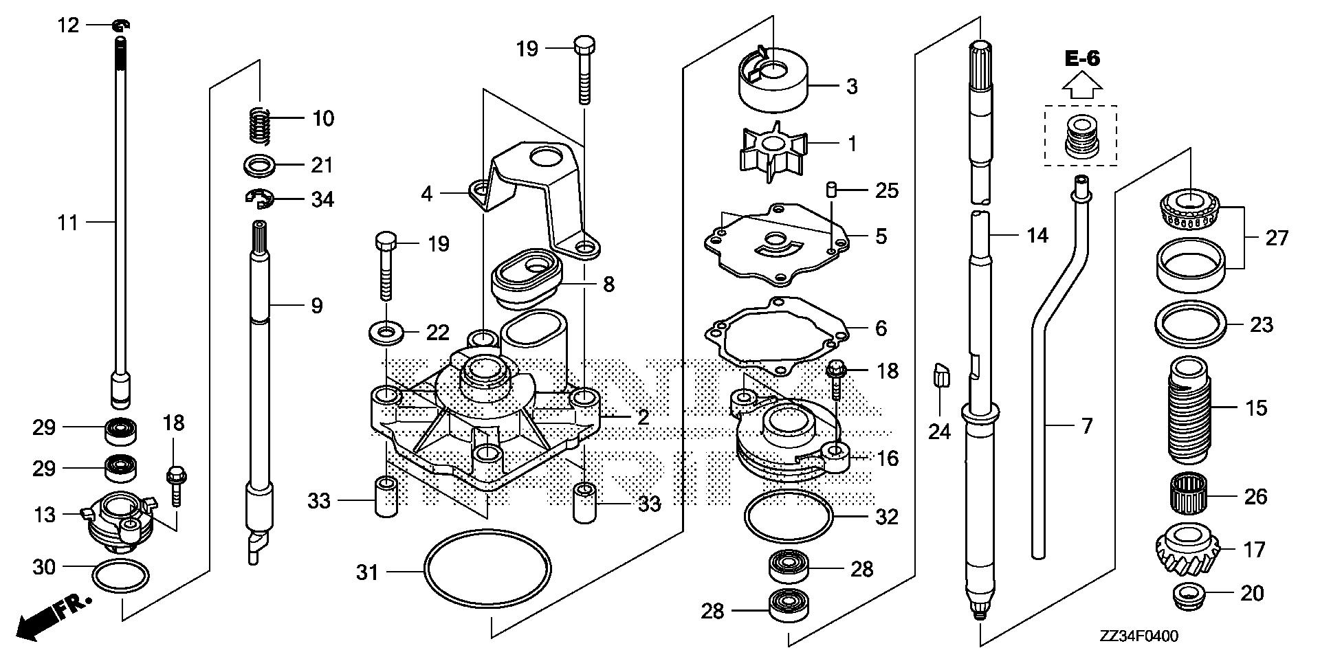 BF60 BF60A water pump exploded parts diagram with numbered part references