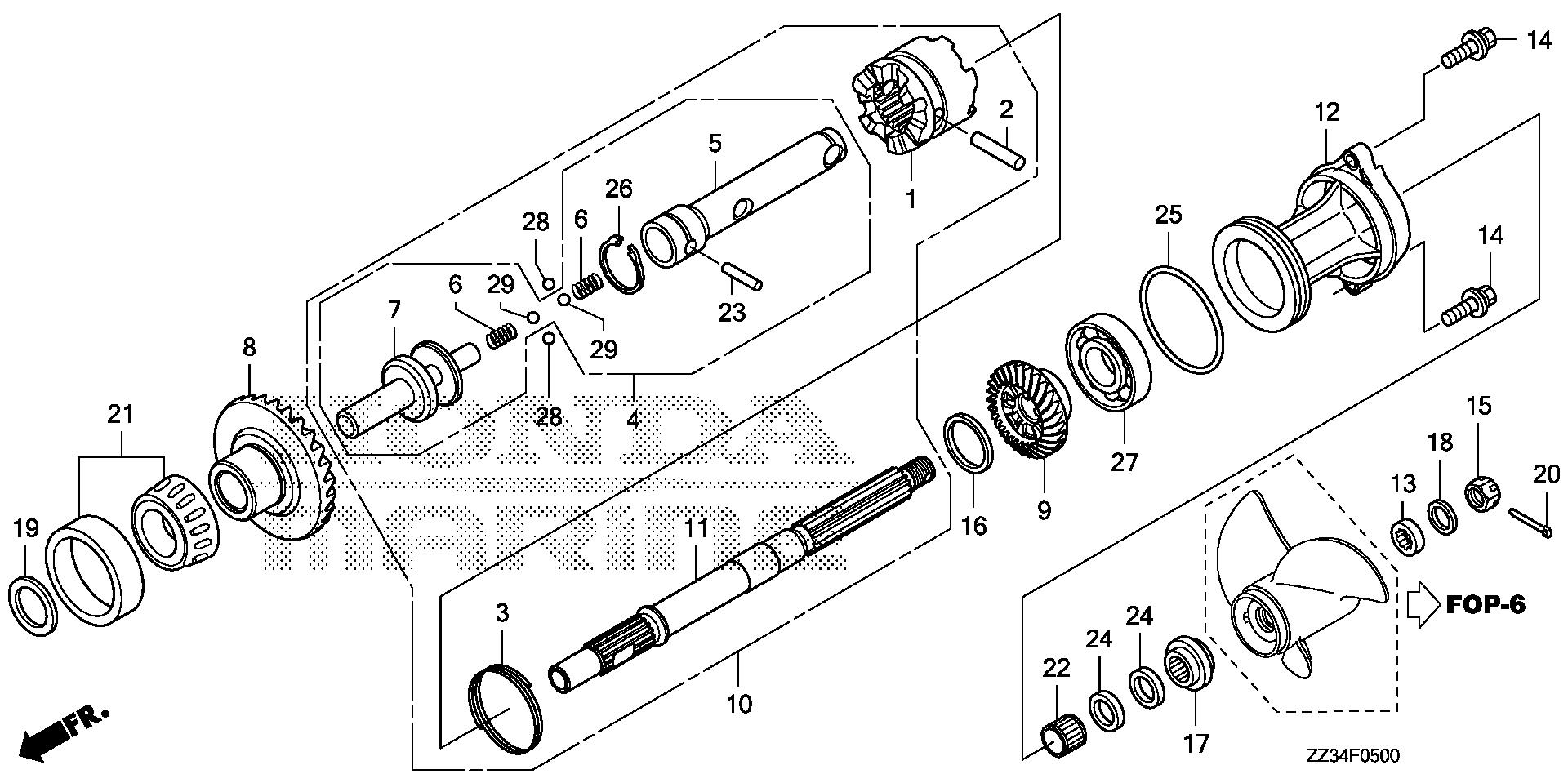 BF60 BF60A propeller shaft exploded parts diagram with numbered part references