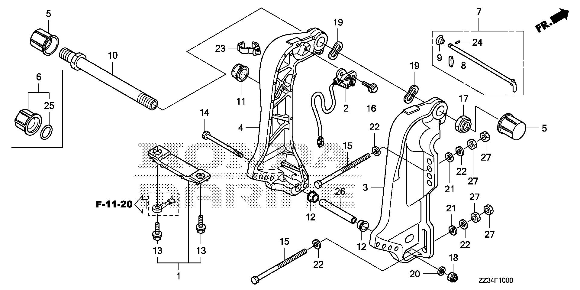 BF60 BF60A stern bracket exploded parts diagram with numbered part references